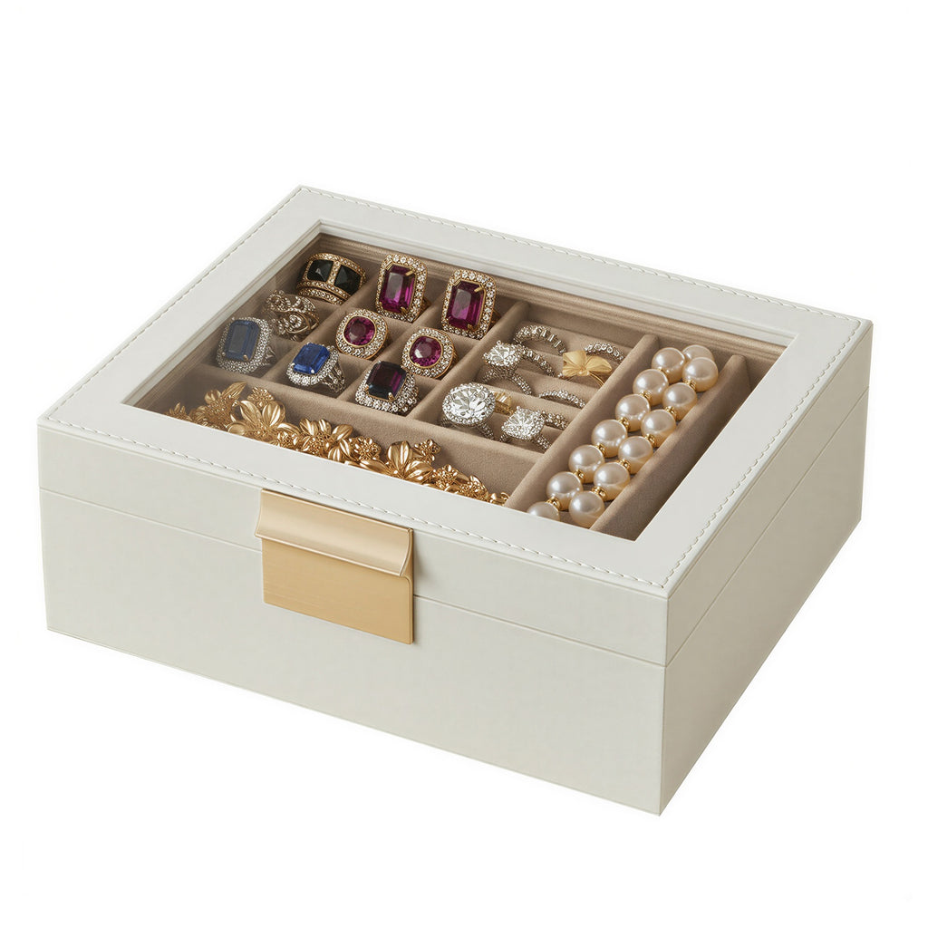 JOYFURNOS Boîte à Bijoux avec Couvercle en Verre, Organiseur à Bijoux 2 Niveaux avec Plateau Amovible, Rangement pour Bijoux, Style Moderne, Cadeau pour Vos Proches, Blanc Nuage et Or Métallique