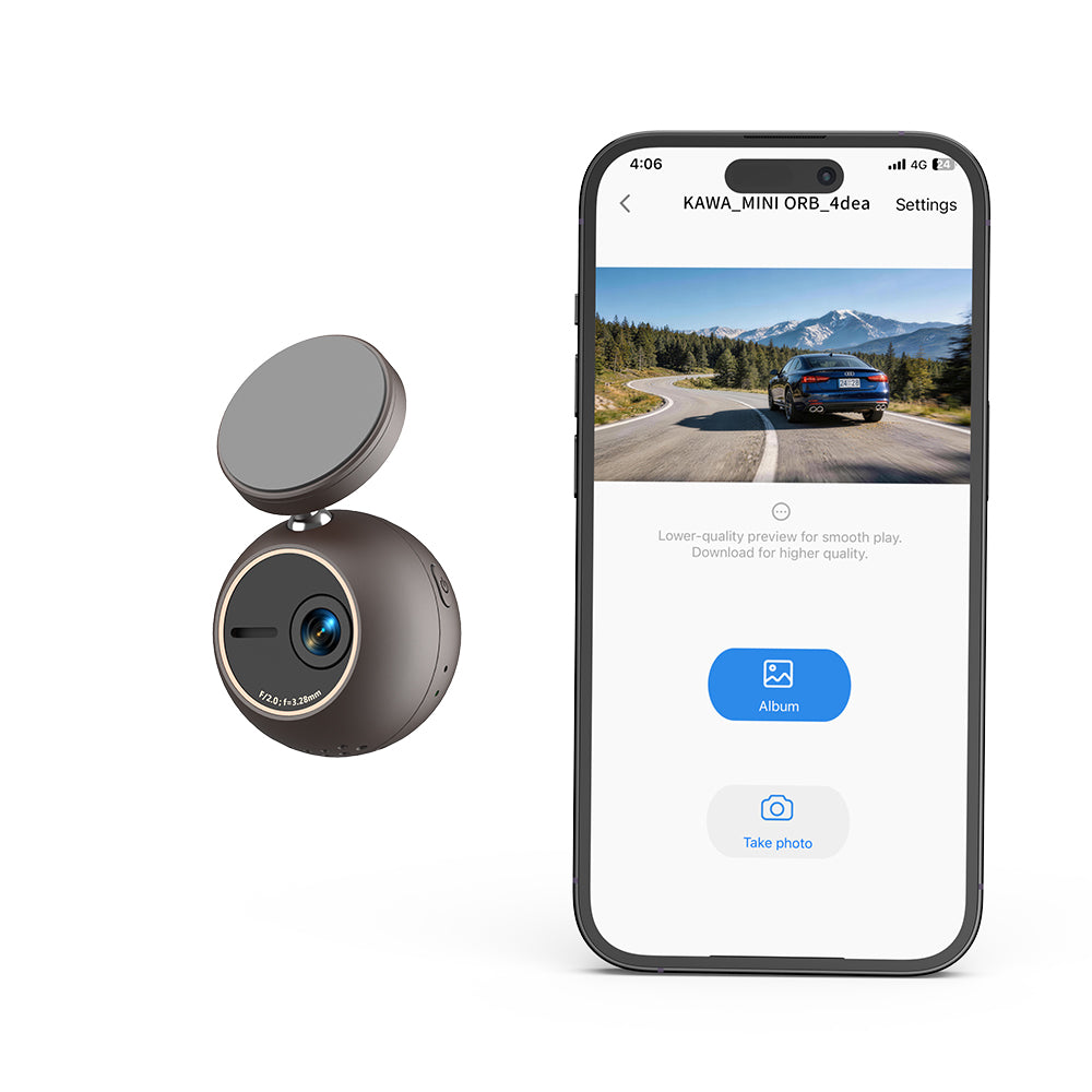 KAWA Dashcam 2K avec commande vocale, mini caméra sphérique avant, support rotatif à 360°, Wi-Fi intégré et application, capteur G, moteur NightEagle