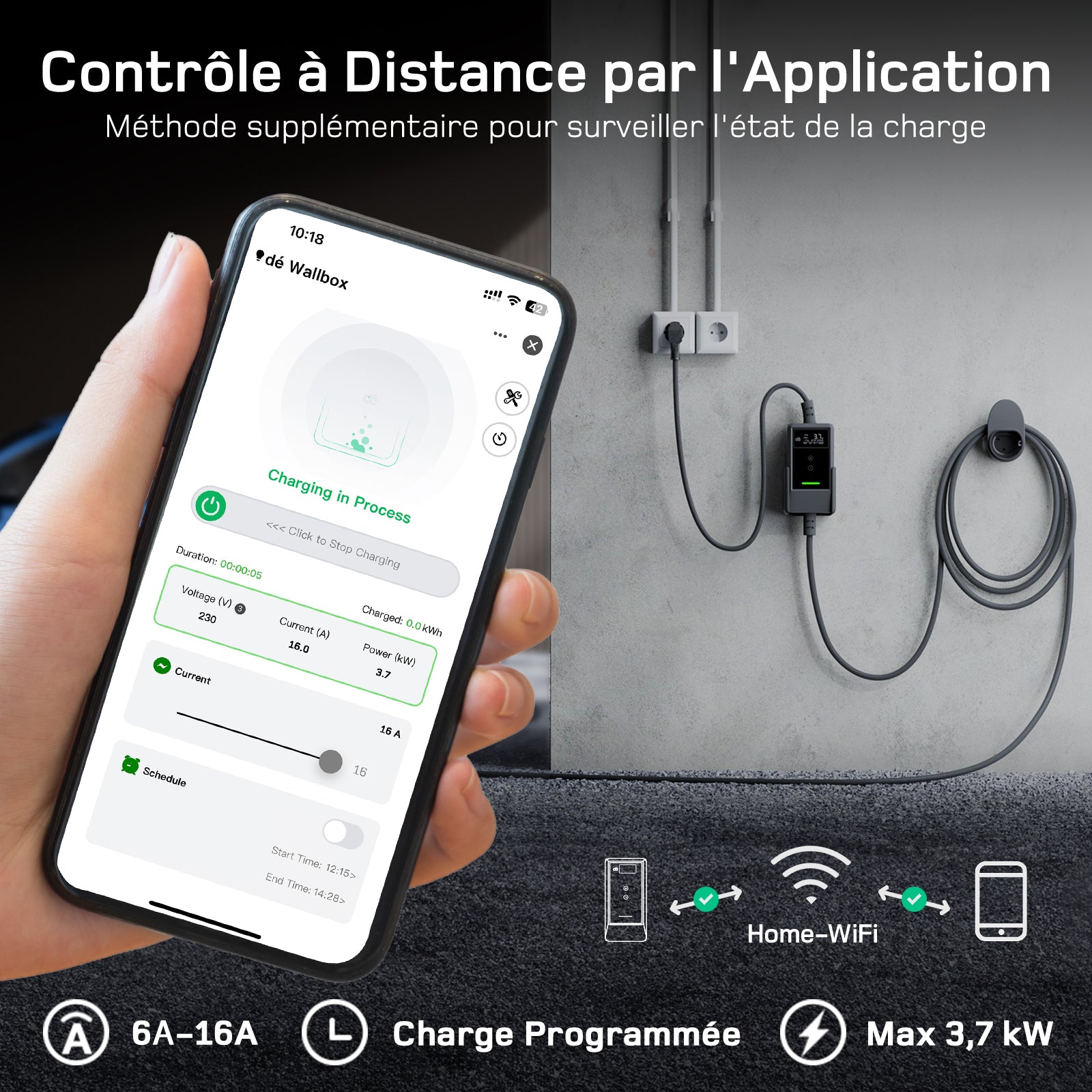 dé Chargeur pour véhicule électrique 3,7 kW Contrôle via application Type 2 câble de recharge 7 m 6-16 A réglable avec kit d'adaptateurs de voyage compatible E-208, Model Y, E-Tech