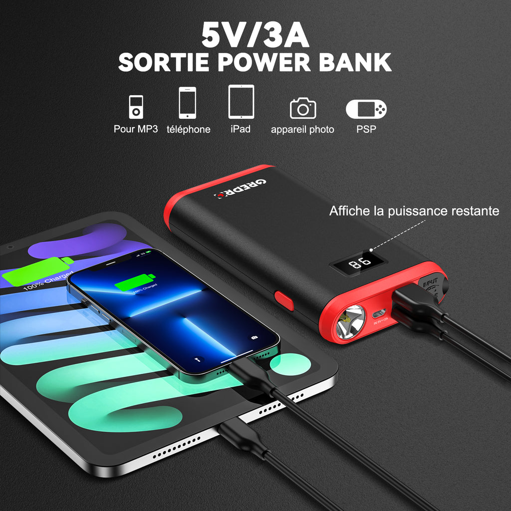 GREPRO Booster de Batterie 4000A, Démarreur de Voiture d’Urgence pour Véhicules 12V et Motos (jusqu’à 7,0L Essence / 5,0L Diesel), avec Écran LCD, Lampe Torche LED et Sac de Transport