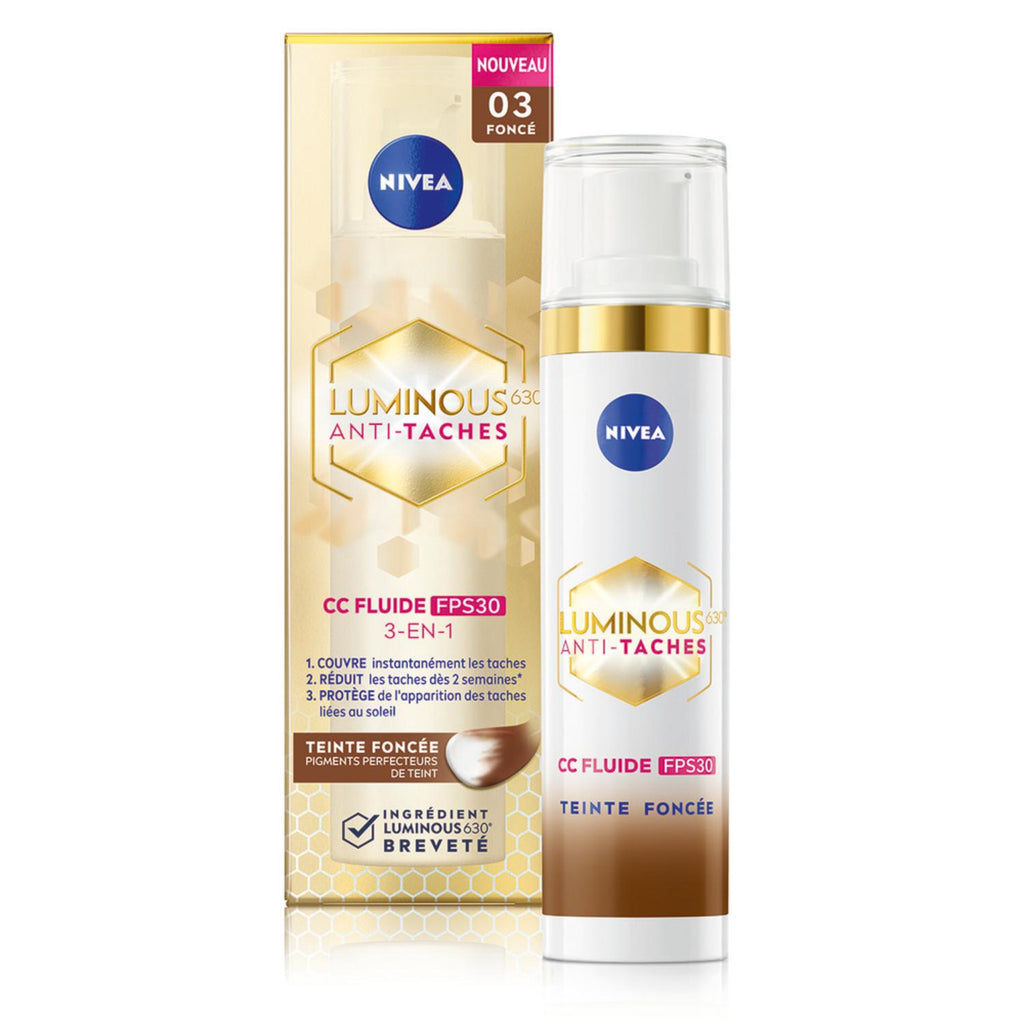 NIVEA Luminous630 Visage CC Fluide Anti‑Taches 3‑en‑1 FPS30 Teinte Foncée 40 ml