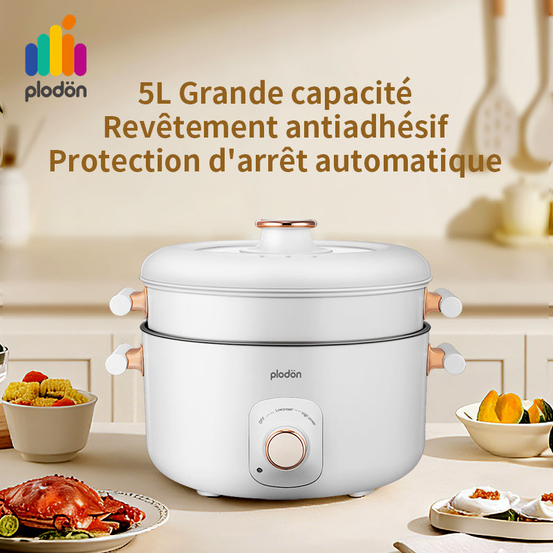 Plodon 1200W 5L Marmite Électrique Multifonction Avec Cuiseur Vapeur Cuve de Cuisson Antiadhésive Mijoteuse Avec Double Contrôle de Puissance Pour Ragoût, Cuisson Vapeur, Fondue