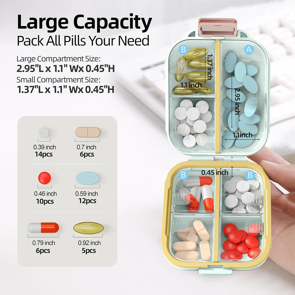 GAONLY Pilulier portable, Boîte à pilules avec 7 compartiments, Petit étui à pilules de voyage, Pilulier quotidien avec couvercle hermétique, Petit récipient à pilules en matériau sans BPA Vert