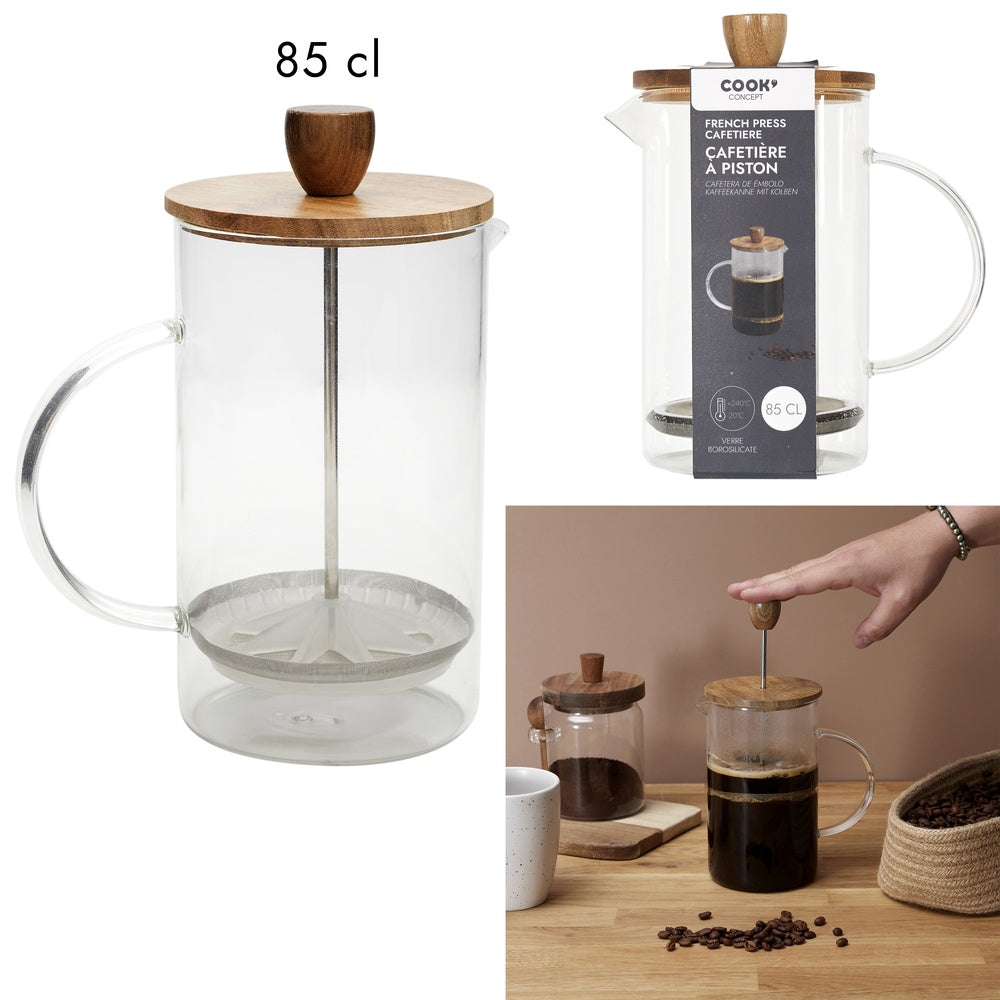 COOK CONCEPT Cafetière à piston en verre et acacia, 85 cl