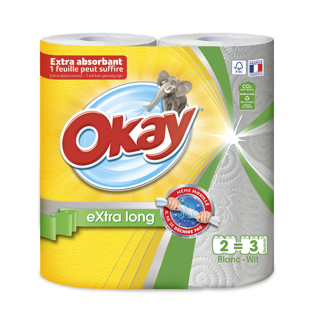 OKAY Essuie-tout de Cuisine Extra Long Blanc, 2 Rouleaux