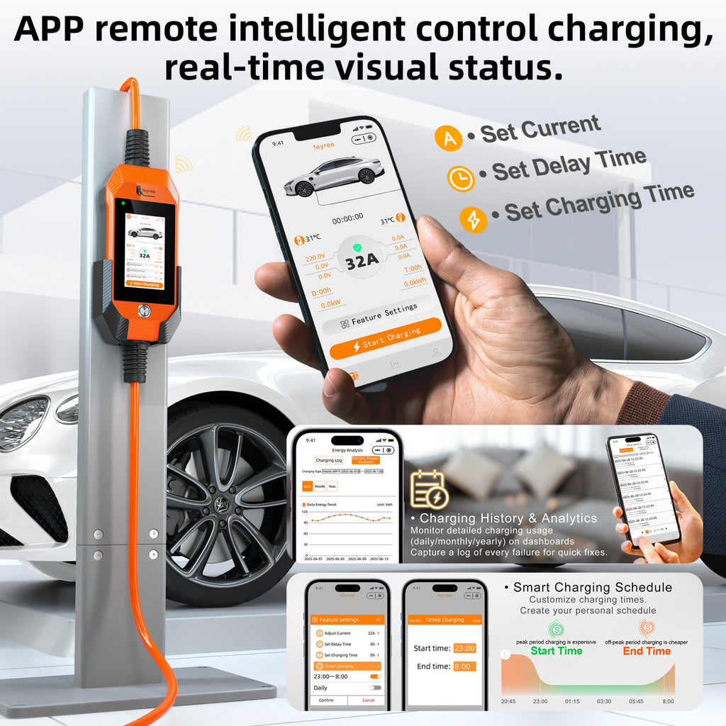 Feyree Chargeur de voiture électrique portable 7 kW 32 A avec écran tactile 4,3 pouces, type 2, réglable, avec adaptateur, contrôle Wi-Fi via application intelligente, pour voitures électriques