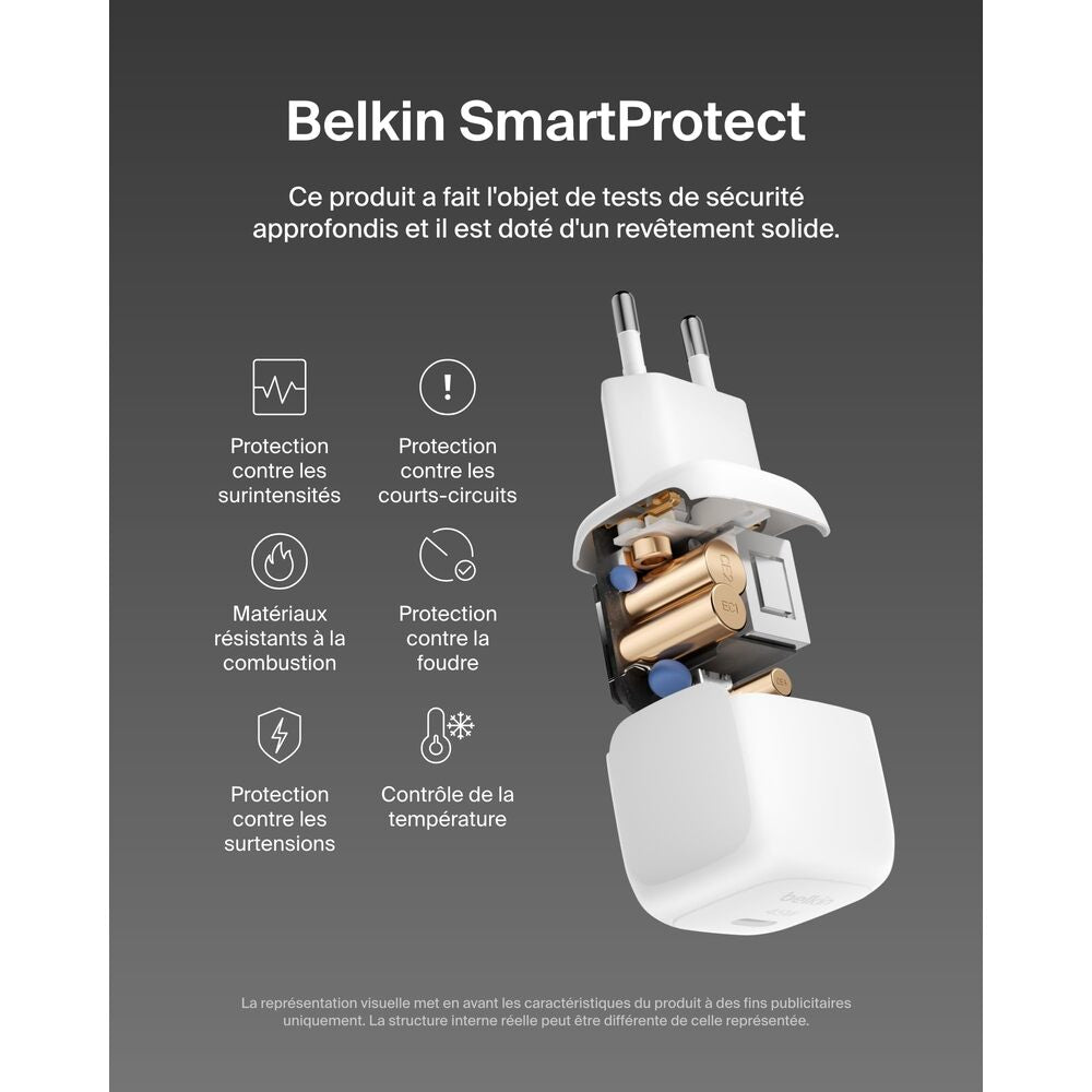 Belkin BoostCharge Chargeur secteur compact avec câble USB-C vers USB-C, 45 W - Blanc