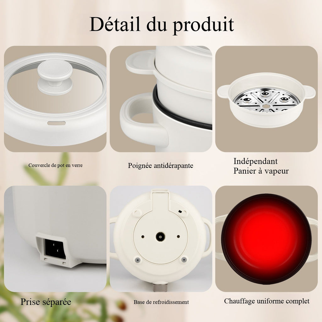 IAGREEA Mijoteuse, marmite électrique compacte 1000 W 2,6 L avec panier vapeur, 2 réglages de puissance, revêtement antiadhésif et contrôle de la température