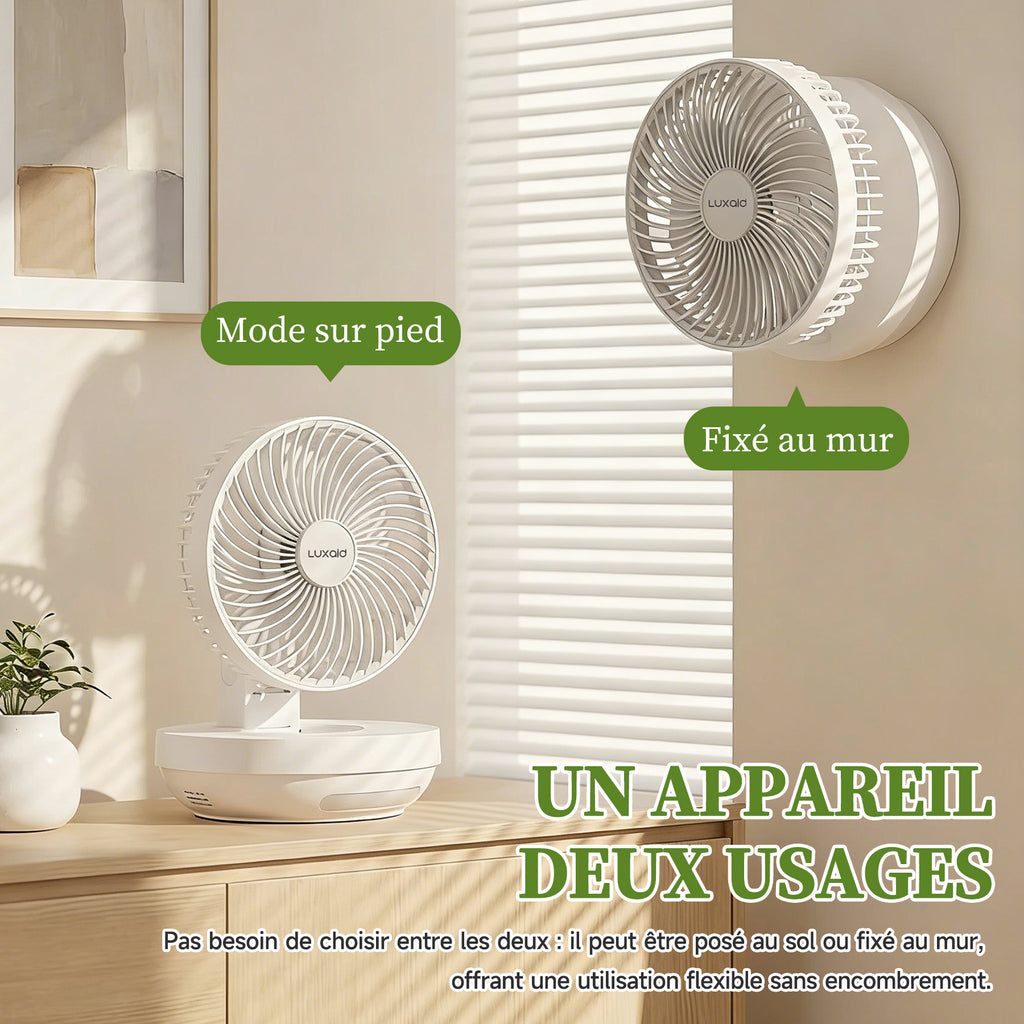 Luxaid Ventilateur de bureau pliable avec télécommande, batterie 4000 mAh, chargement USB-C, 3 vitesses, minuterie 4 h, veilleuse, montage mural, portable et compact.