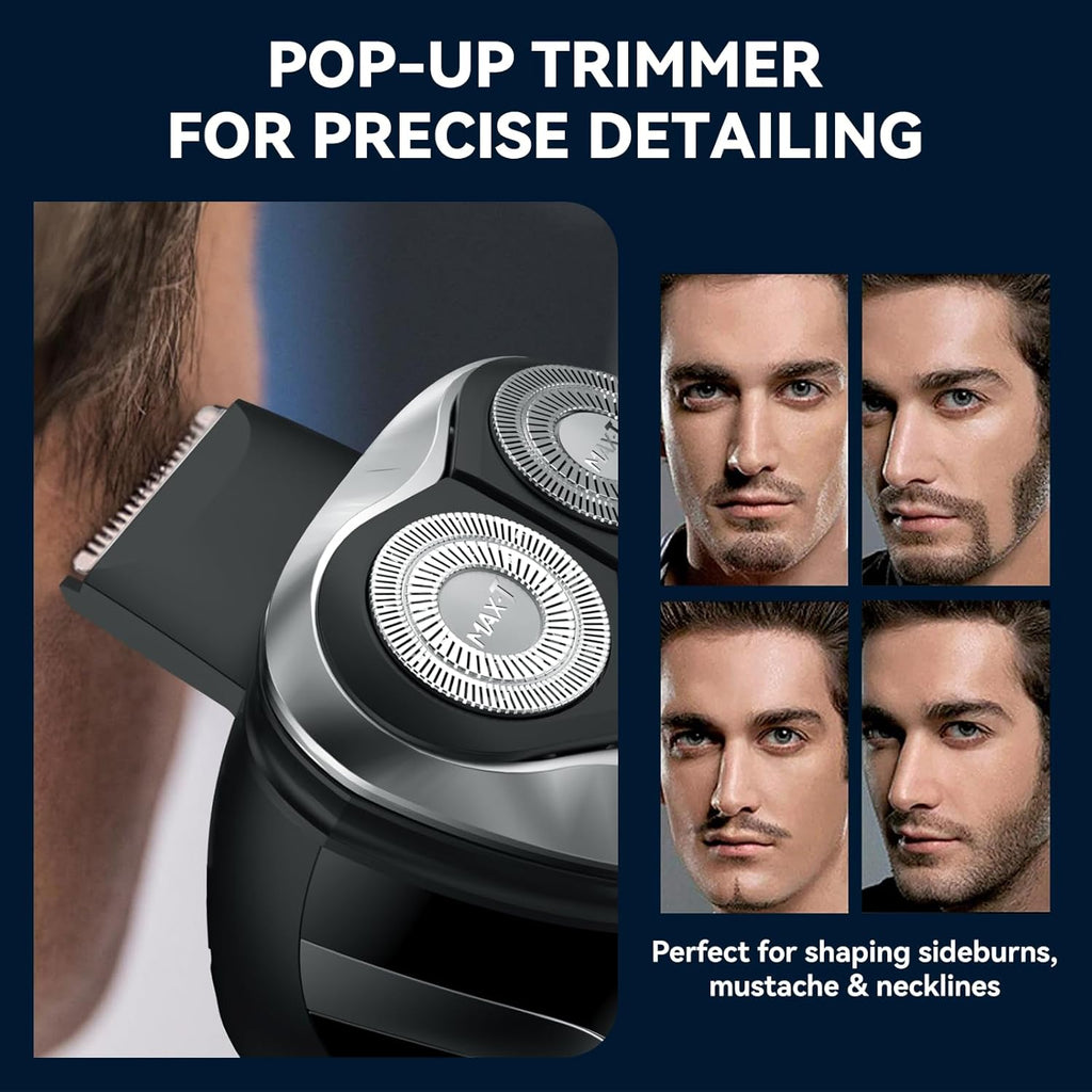 Rasoir électrique MAX-T pour hommes – Rasoir électrique pour rasage à sec et sous l'eau – Charge rapide en 1 h et autonomie de 120 min – Protection de la peau – Étanchéité IPX7