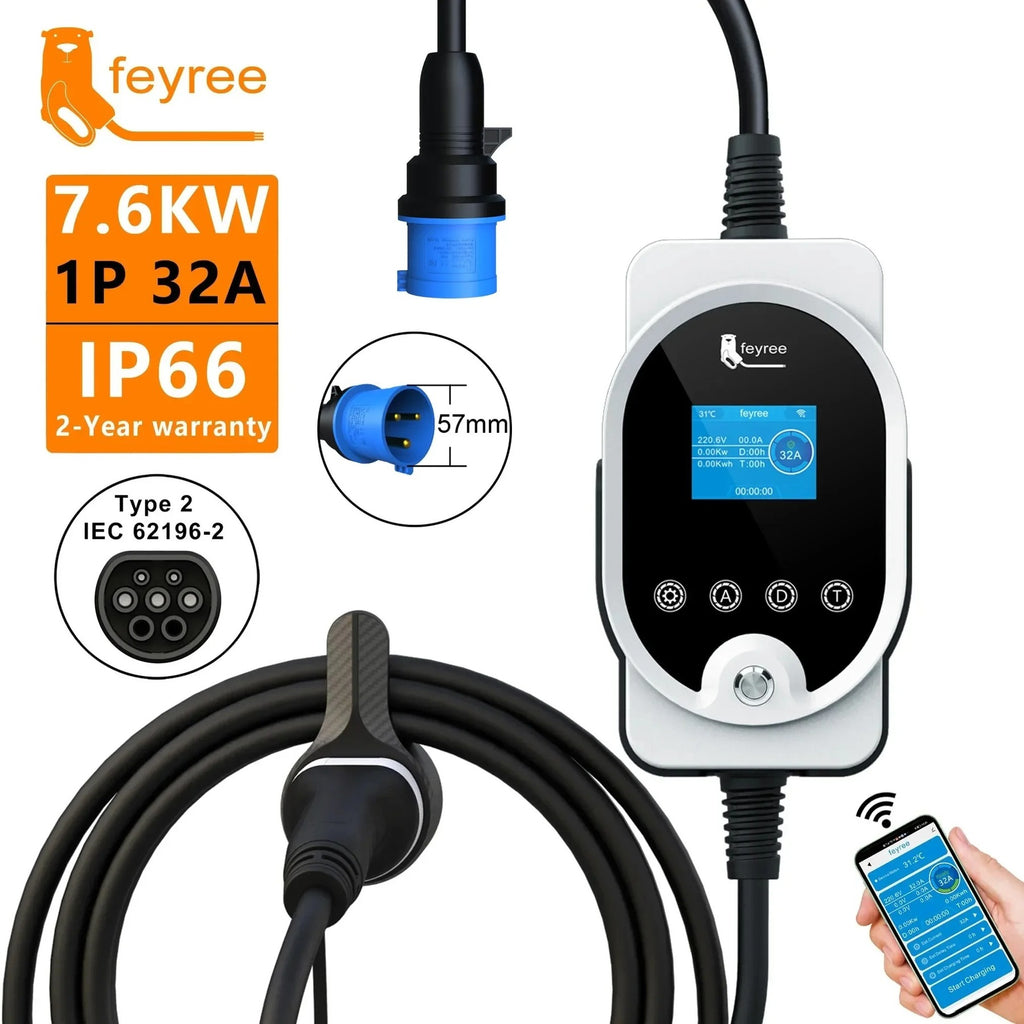 feyree Wallbox EVSE Type 2 7 KW 32 A monophasé - Charge rapide, contrôle et réglage de l’intensité et de la durée de charge via application Wi‑Fi pour voiture électrique