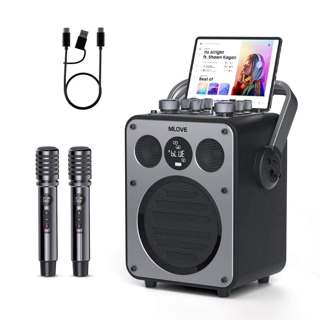 mlove Rangers D5 Machine à karaoké professionnelle 200 W avec 2 microphones sans fil, Bluetooth, Noir