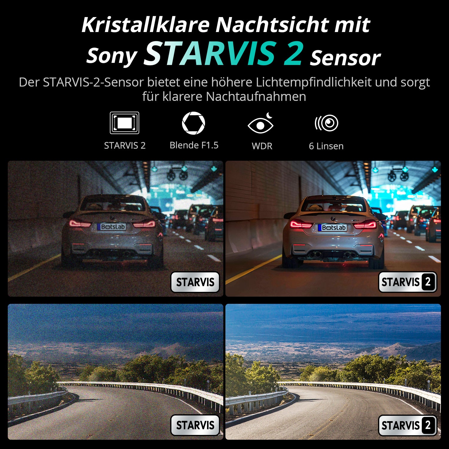 BOTSLAB G300H Plus Dashcam 4K Caméra Embarquée Voiture Avant Arrière | Capteur STARVIS 2, Double Canal WDR, Carte SD 64 Go, Commande Vocale, Wi-Fi 5GHz, GPS, Vision Nocturne