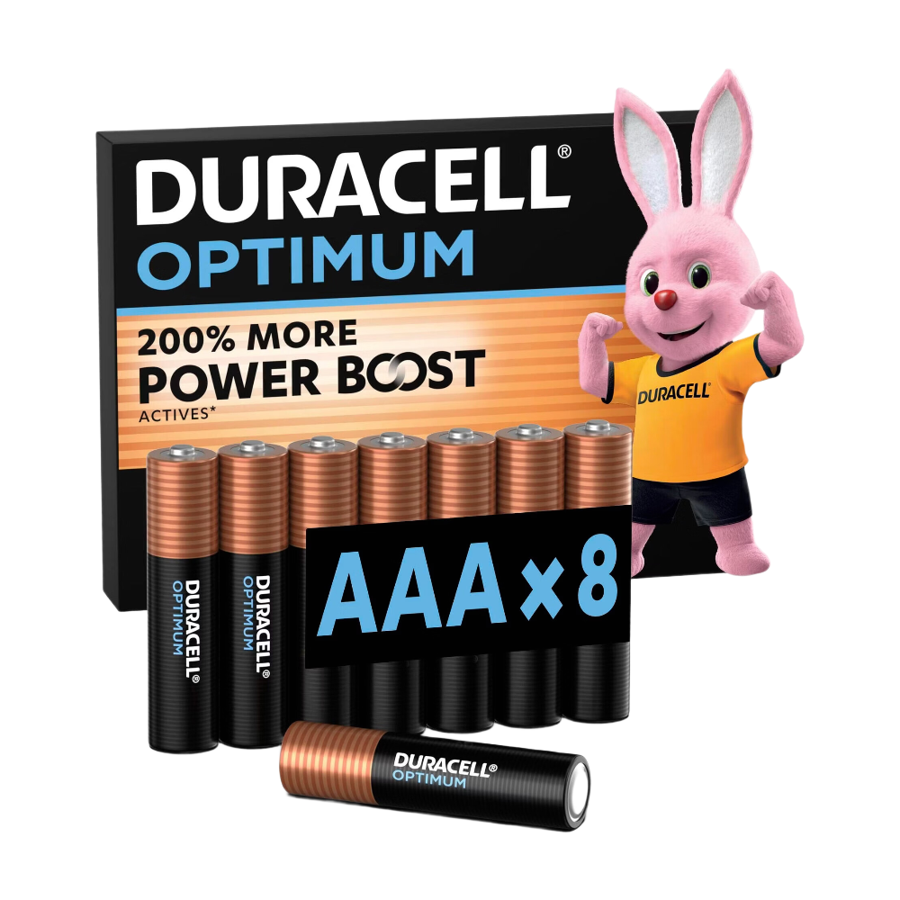 DURACELL Optimum Lot de 8 piles AAA alcalines 1,5 V, +200 % d’actifs Power Boost, répondent aux exigences des appareils modernes, 100 % recyclables, emballage 0 % de plastique – LR03 MX2400