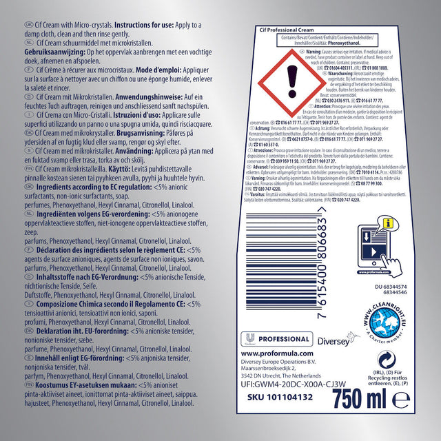 Cif Original Nettoyant Crème aux Microcristaux, Formule Professionnelle, Multi-Surfaces, 750 ml