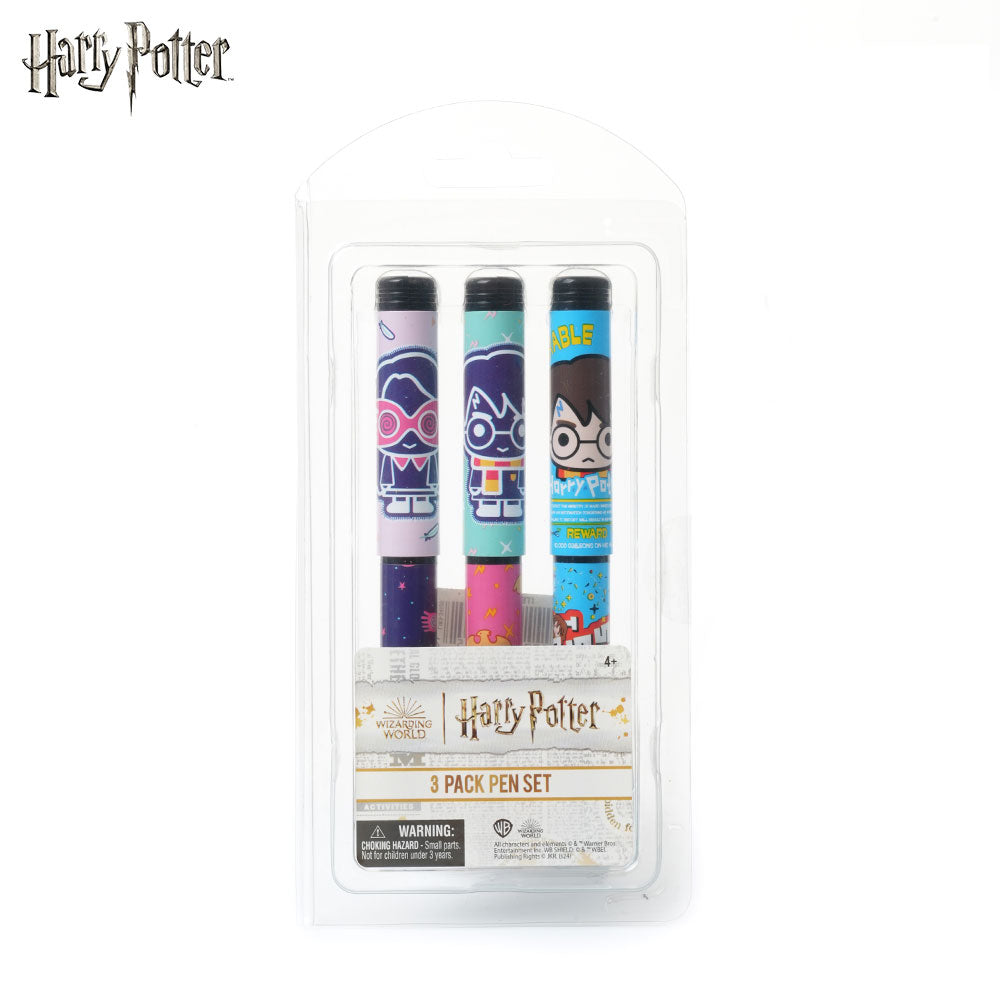 Warner Bros. Lot de 3 stylos Harry Potter à personnages stylisés mignons sous licence officielle encre bleu-noir Monde des sorciers cadeau de papeterie