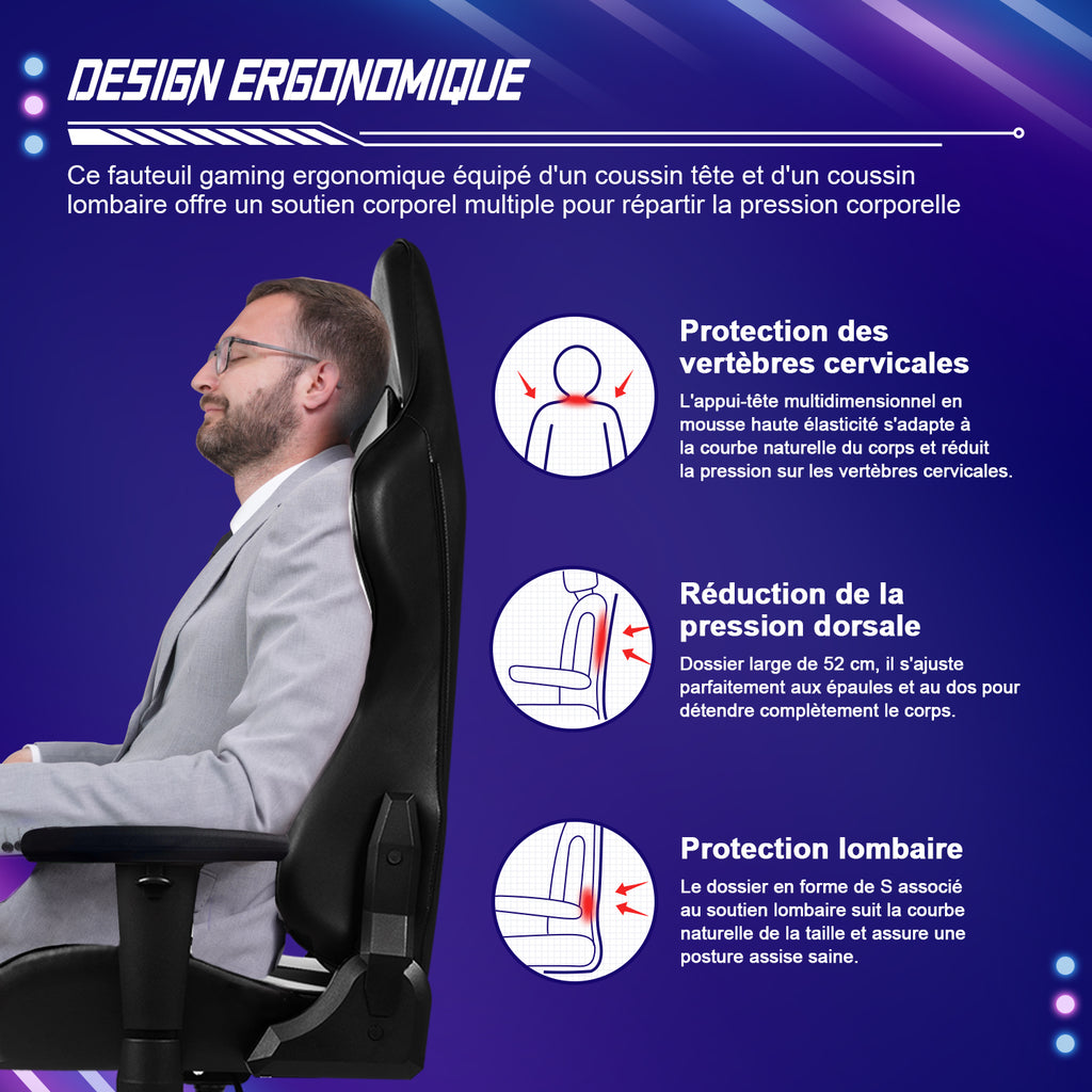 GTIMEX Chaise de bureau ergonomique avec soutien lombaire réglable, appuie-tête et accoudoirs, chaise de jeu rembourrée, fonction d'inclinaison, capacité de charge de 150 kg