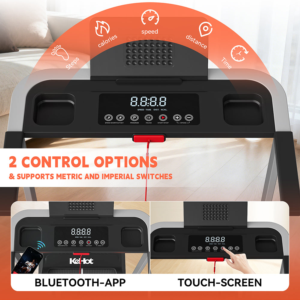 KeHot YQ T3898 Tapis de course inclinable à 9 %, pliable et silencieux pour l'entraînement à domicile, avec écran LED, compatible musique Bluetooth et applications EQI SPORTS, Zwift, Kinomap