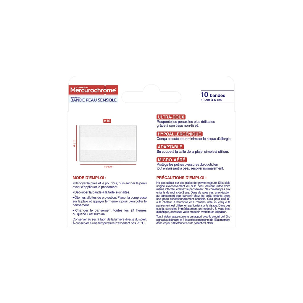 MERCUROCHROME Bandes Peau Sensible Ultra Doux Hypoallergénique Micro-aéré 10x6cm