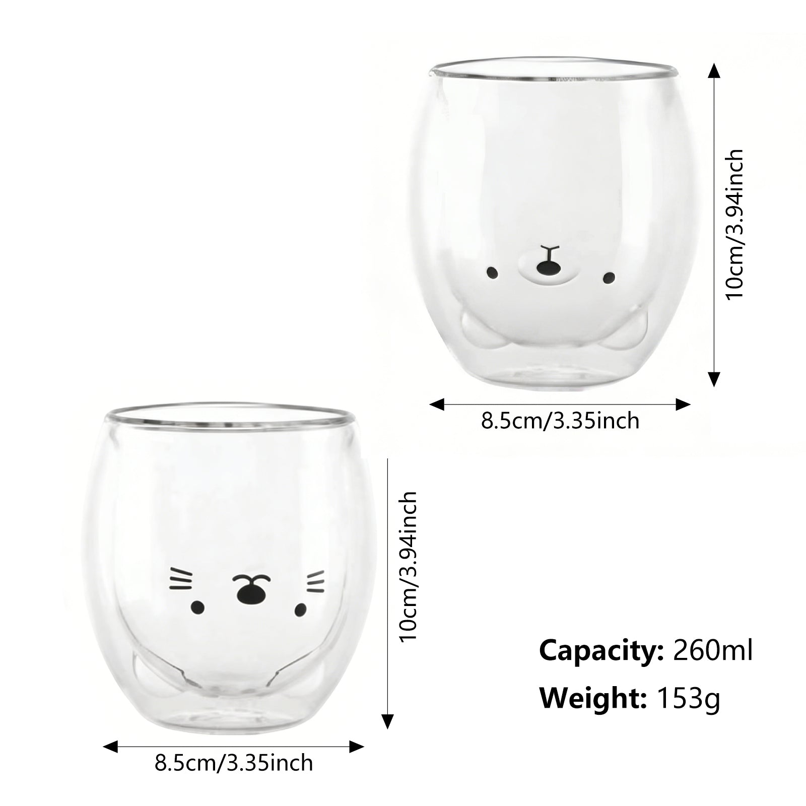 Ju7cer Lot de 2 verres à double paroi chat et ours - 260 ml