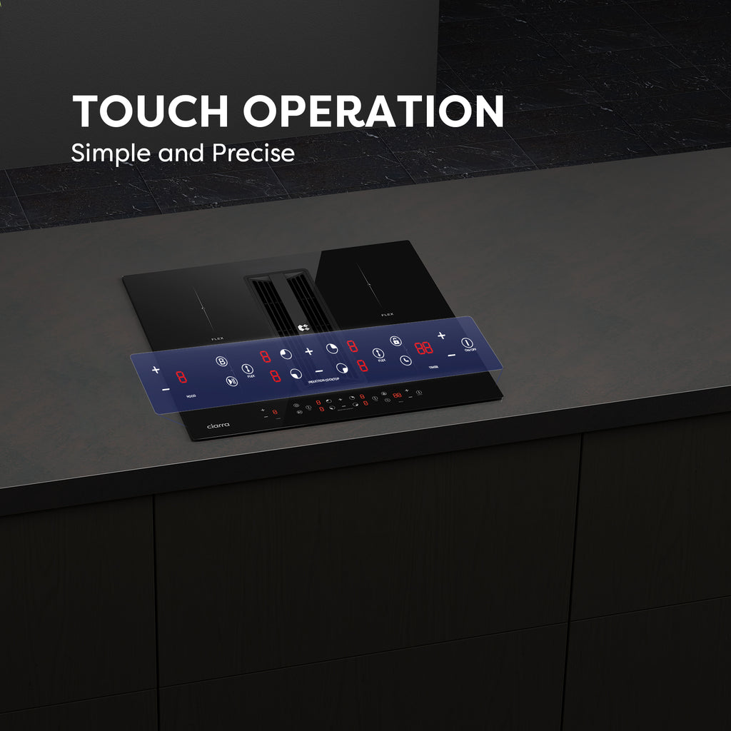 CIARRA ONE Plaque à induction 59 cm avec hotte aspirante intégrée et purification de l'air Plasma⁺, 4 zones de cuisson Boost Flex