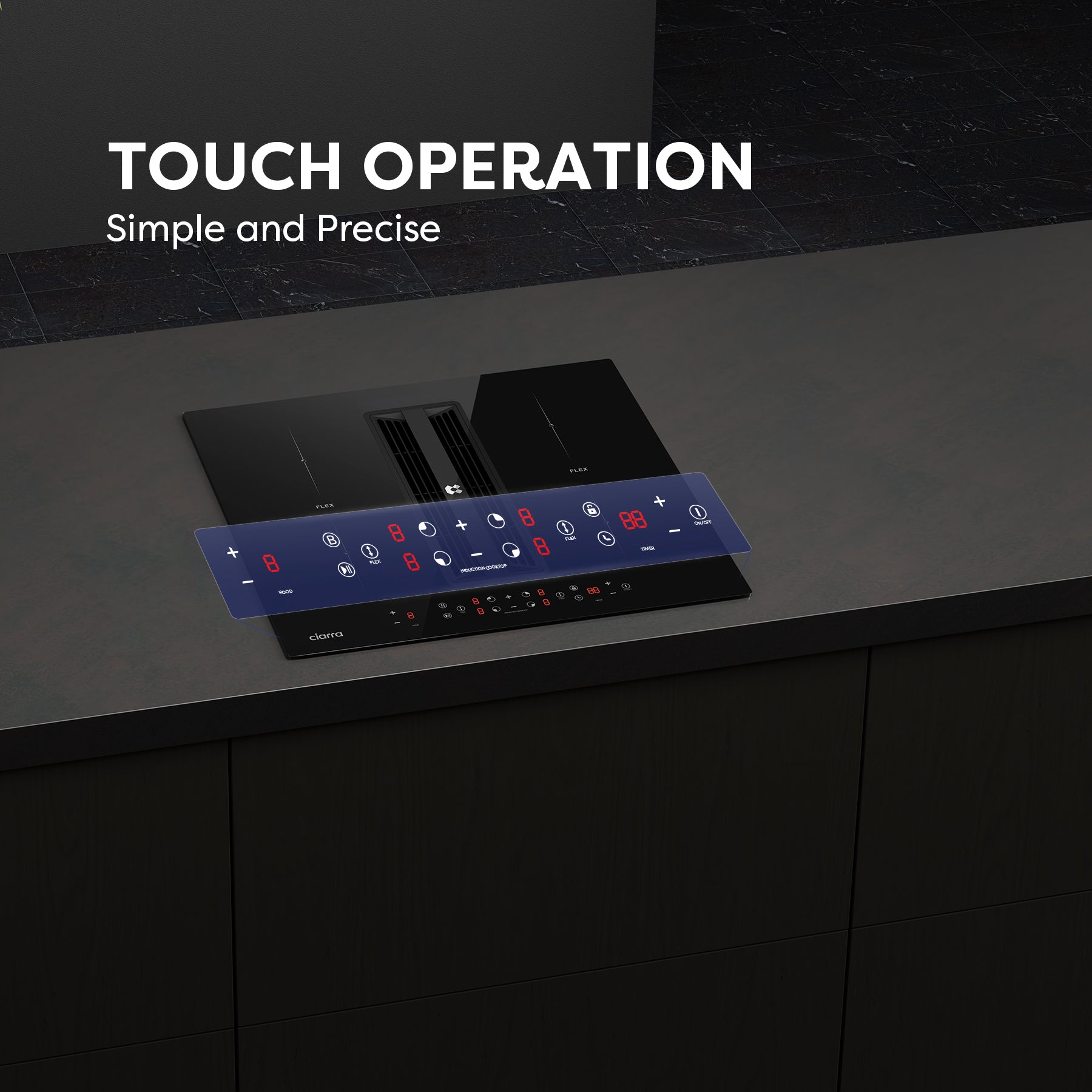 CIARRA ONE Plaque à induction 59 cm avec hotte aspirante intégrée et purification de l'air Plasma⁺, 4 zones de cuisson Boost Flex