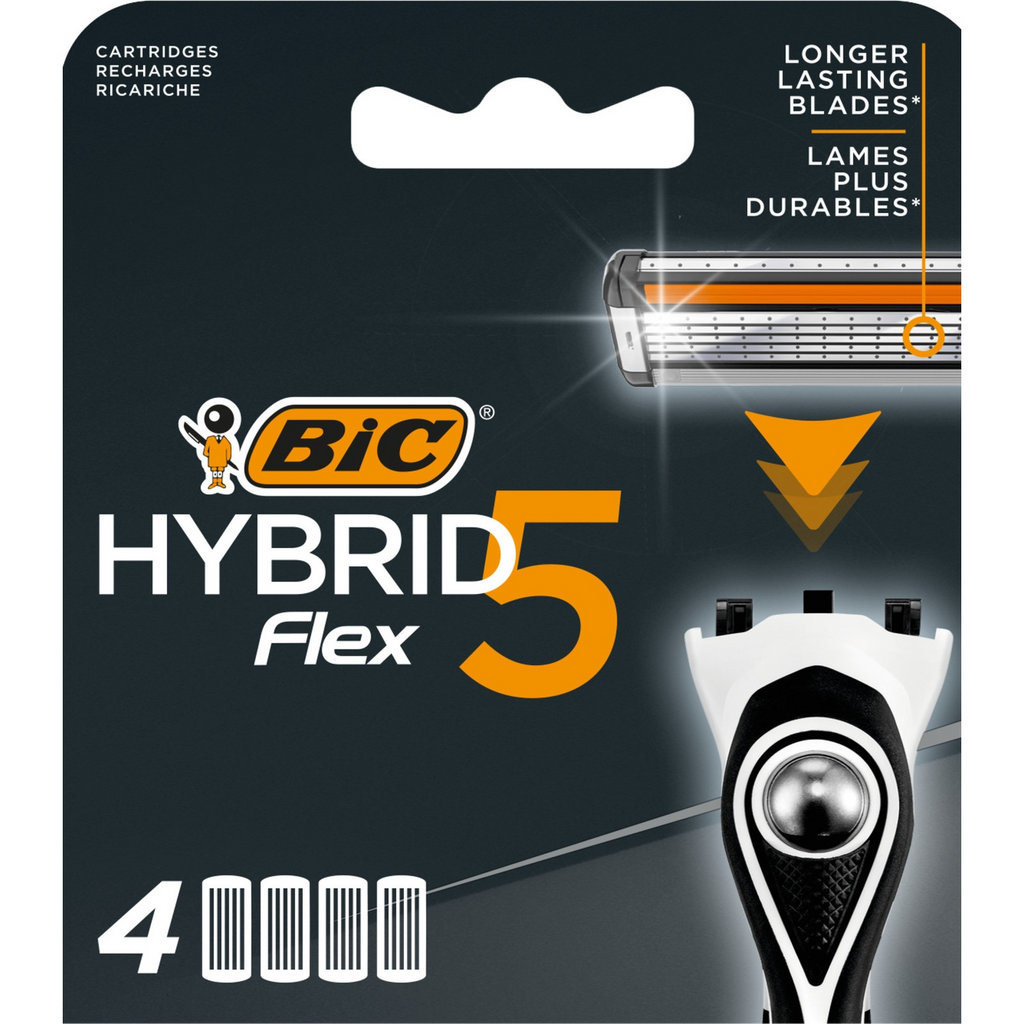 BIC Recharges Rasoir Homme Flex 5 Hybrid 5 Lames Mobiles Nanotech Revêtement Titane - 4 recharges