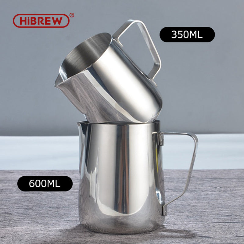 HiBREW Pichet à lait en acier inoxydable 350 ml, carafe à café pour mousse de lait, tasse à dessin floral, pot à lait pour cappuccino et espresso