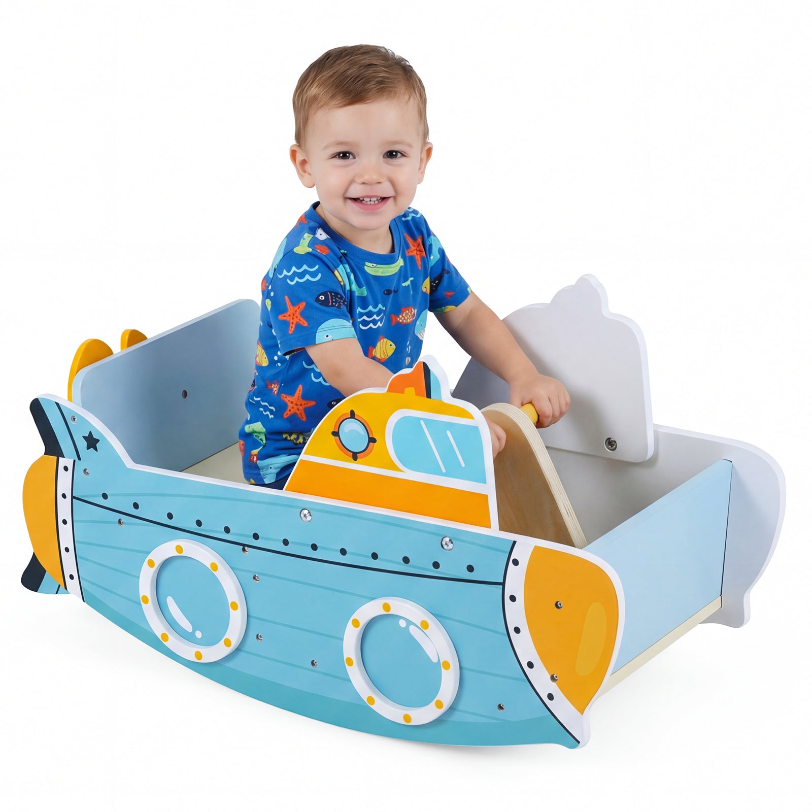 Costway Balançoire bateau en bois sur le thème du sous-marin avec hélice rotative