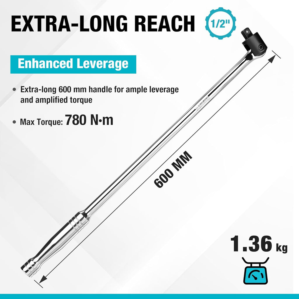 DURATECH Barre de démontage avec tête d'entraînement 1/2" rotative à 240°, manche de 60 cm de long, clé à couple à manche articulé, clé robuste, couple élevé (jusqu'à environ 780 Nm)