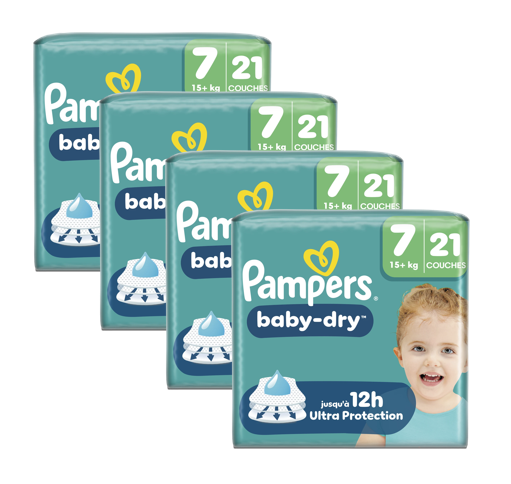 Pampers Baby-Dry, Taille 7, 84 Couches, 15 kg+, Une Nuit Jusqu'à 100 % Sans Fuite
