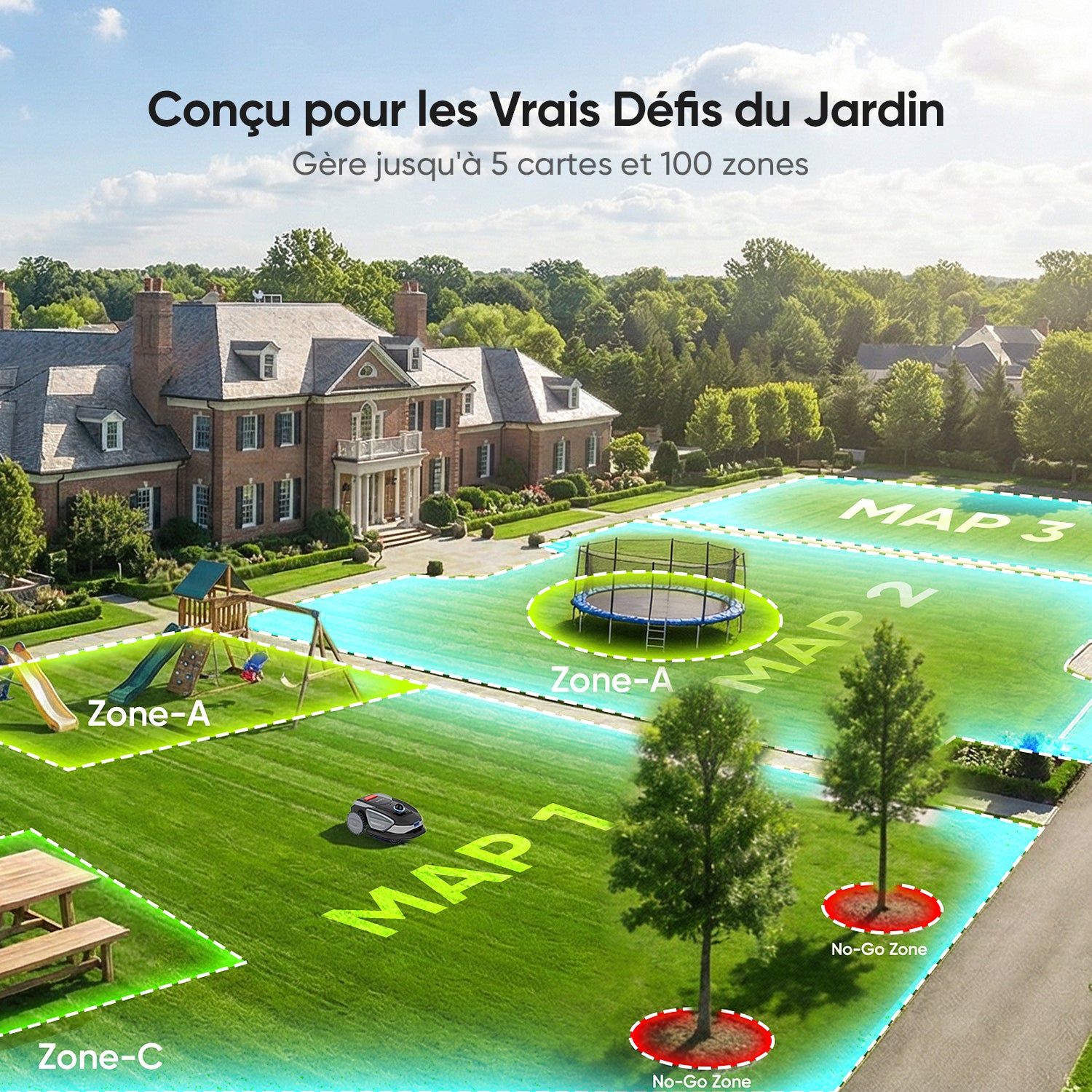 Sunseeker S4 Robot Tondeuse Sans Fil à Périmètre pour 1000 m² – LiDAR 360° et Vision IA, Cartographie Automatique, Évitement Intelligent des Obstacles, Multi-Zones, Contrôle Via Application
