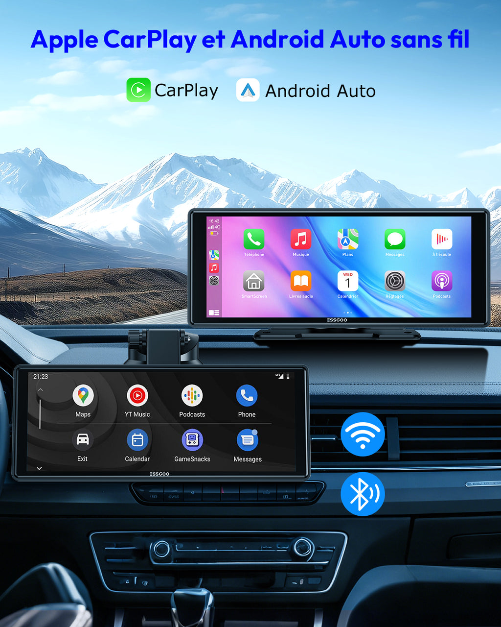 ESSGOO 10,26 Pouces Écran CarPlay HD Portable, CarPlay Sans Fil & Android Auto & Mirror Link, Mise à jour OTA, Navigation GPS, Musique, Commande Vocale, Logo de démarrage personnalisé