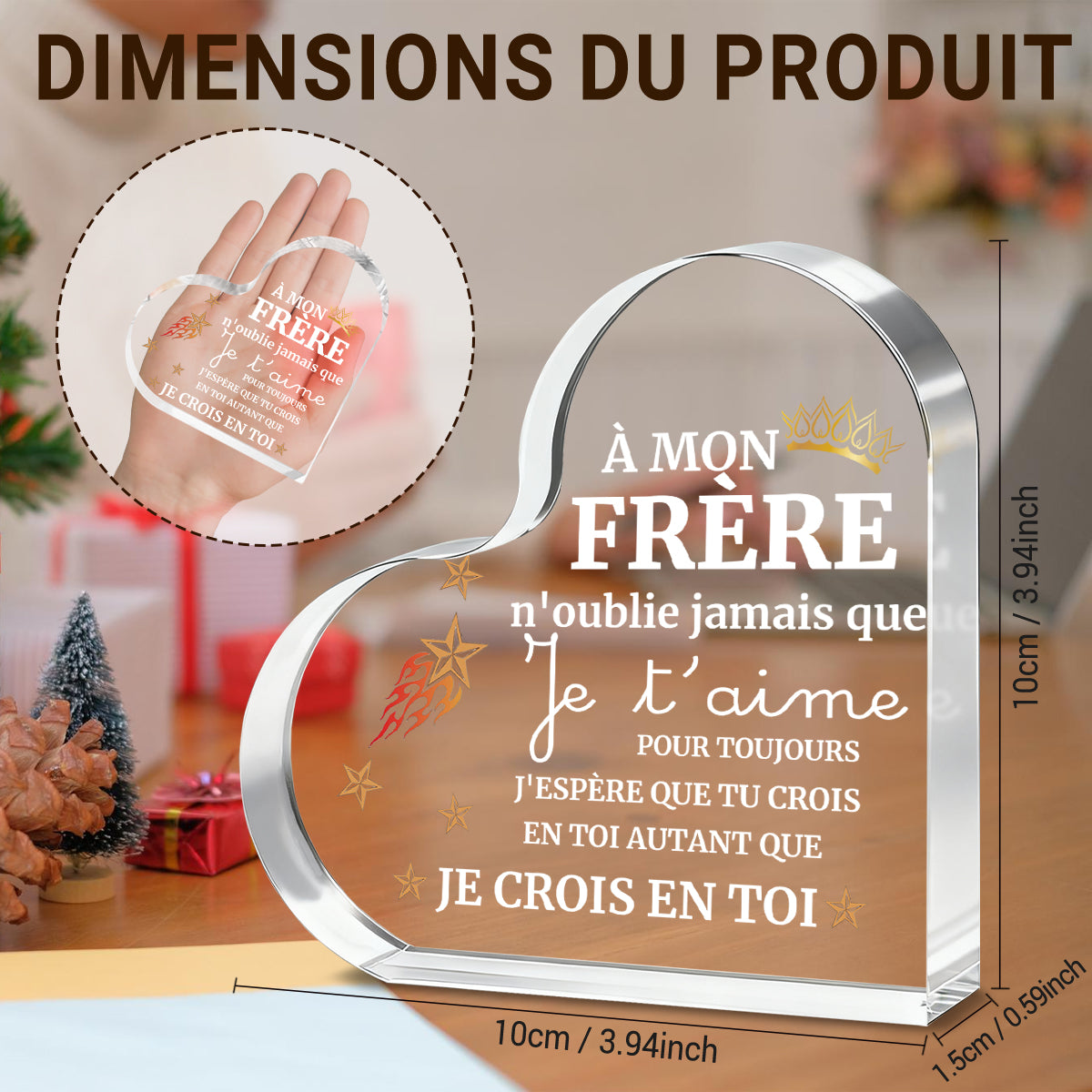 Alphynix 1 pc plaque en cristal cœur, "MON FRÈRE" cadeau français avec motif couronne et étoiles, Souvenir frère émouvant avec message "Je t'aime pour toujours", Cadeau d'encouragement pour frère