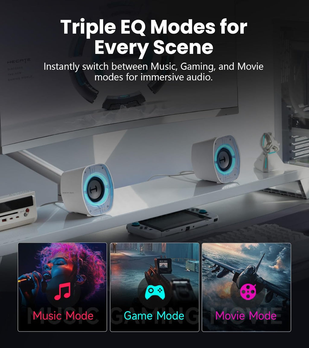 Enceintes de Bureau Gaming Edifier G1000 II pour Ordinateur, Haut-Parleur Large Bande 2,5" et Basses Renforcées, Bluetooth 5.4 USB-C AUX, 9 Modes d’Éclairage RGB Dynamiques pour PC - Blanc