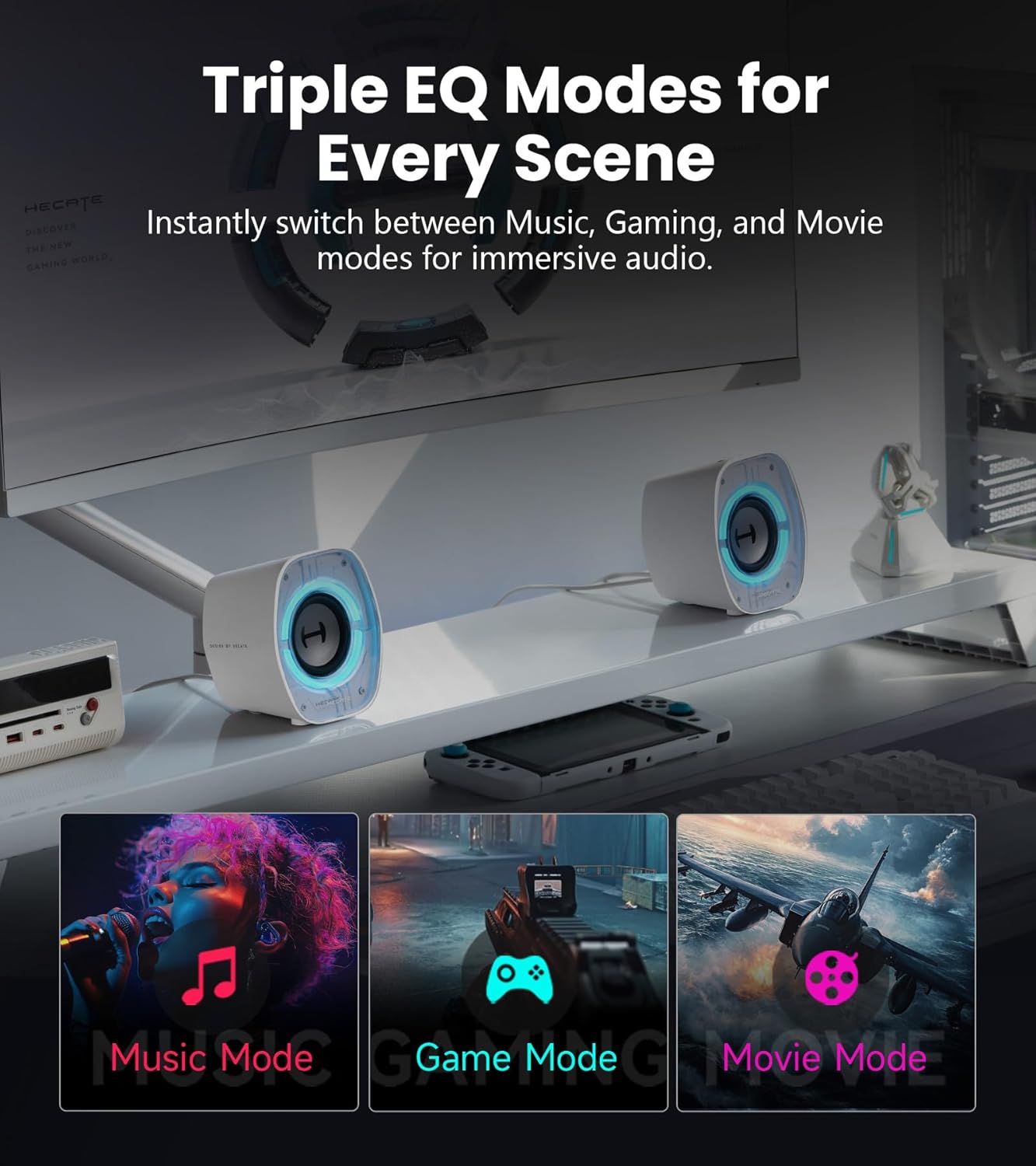 Enceintes de Bureau Gaming Edifier G1000 II pour Ordinateur, Haut-Parleur Large Bande 2,5" et Basses Renforcées, Bluetooth 5.4 USB-C AUX, 9 Modes d’Éclairage RGB Dynamiques pour PC - Blanc