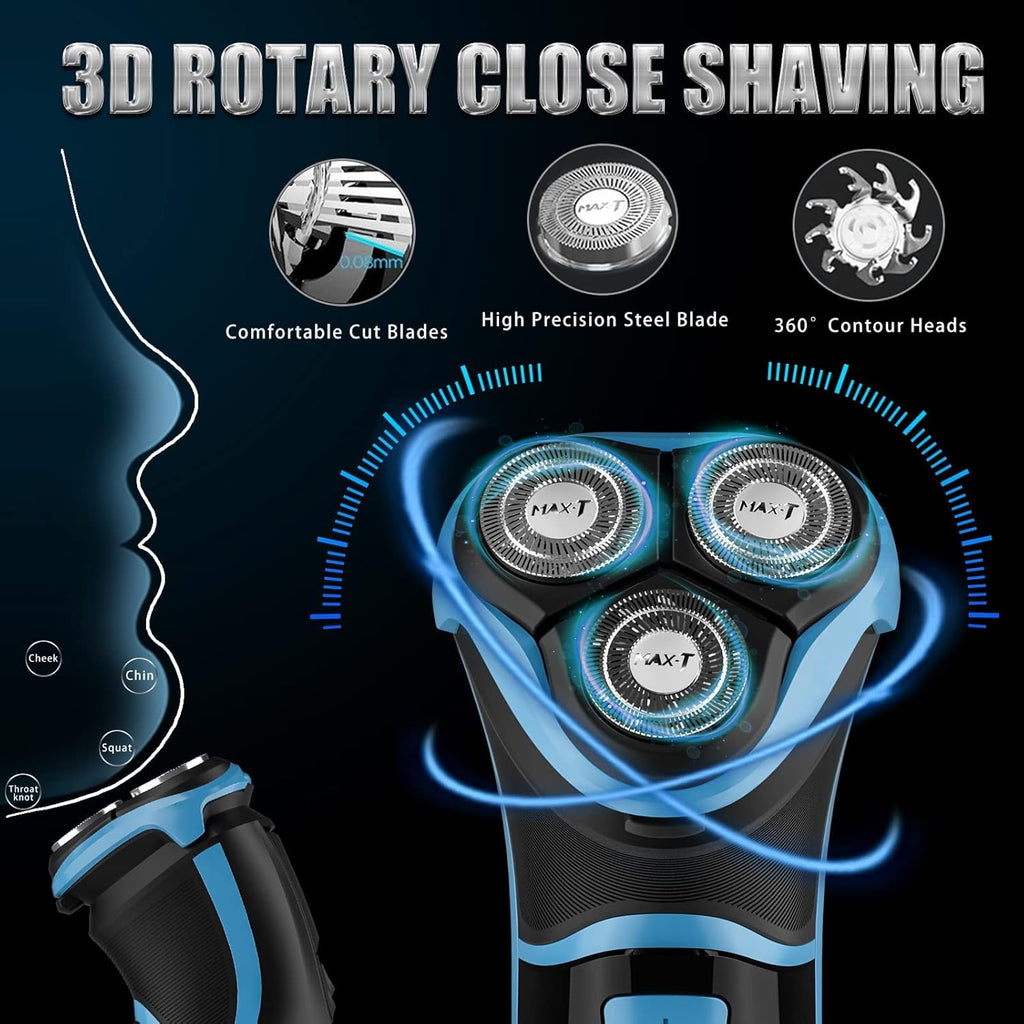 Rasoir électrique MAX-T pour hommes avec tondeuse escamotable, étanchéité IPX7, tête rotative 3D, rasoir sans fil rechargeable, port Type-C, 120 min d'autonomie, Plug & Play – Bleu