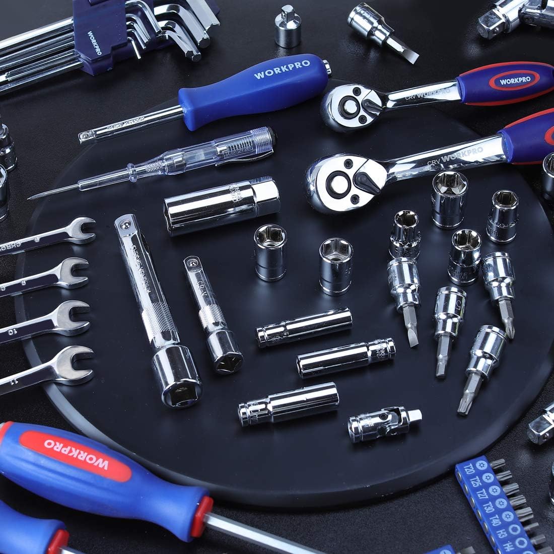 WORKPRO Jeu de douilles 123 pièces, 1/2", 1/4", 3/8" Jeu d'outils de mécanique | Clé à cliquet à libération rapide, Acier Cr-V, Douilles métriques et SAE, Rangement facile