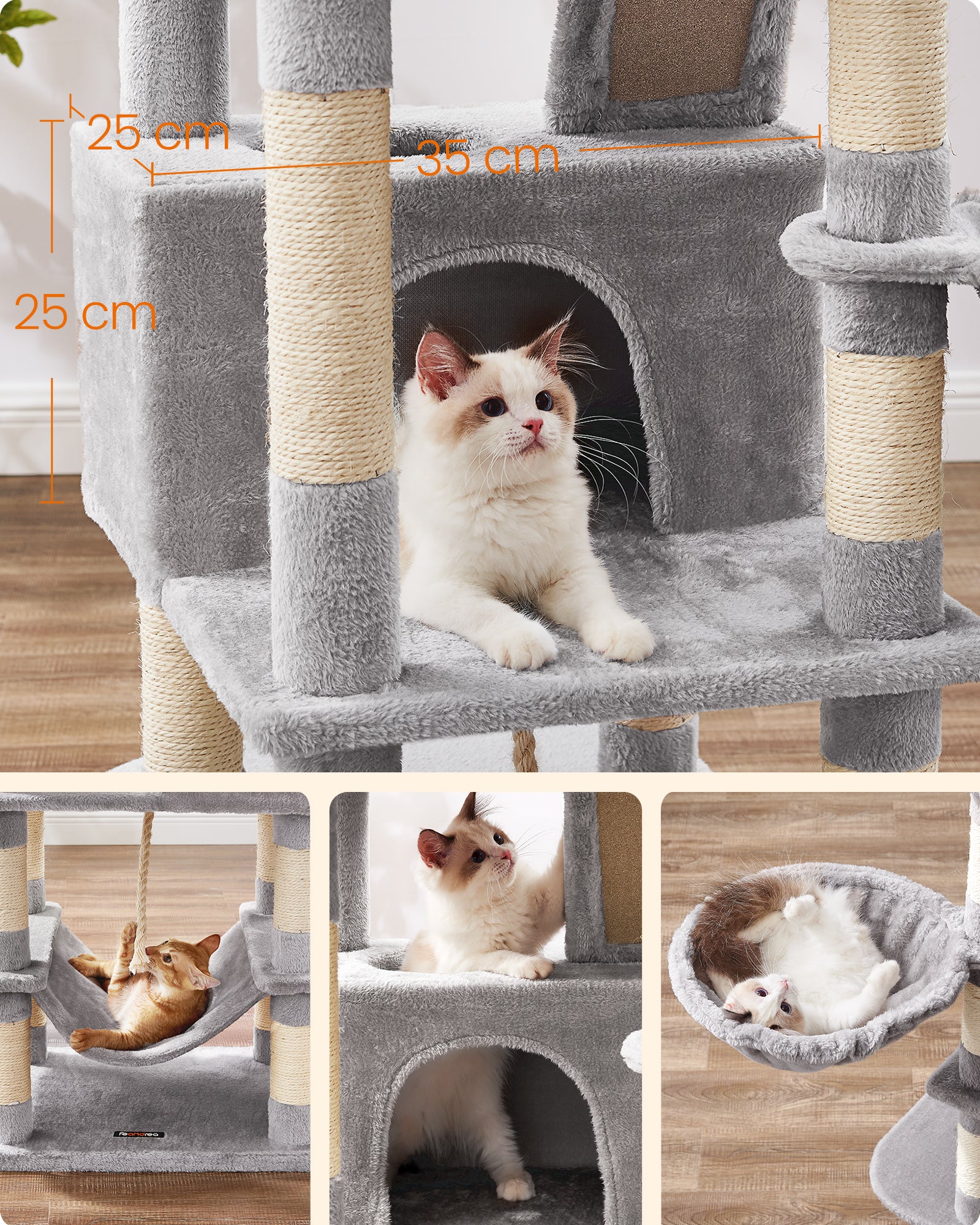 JOYFURNOS Arbre à chat, grande tour pour chat de 168 cm avec 13 poteaux à griffer, 1 rampe à griffer, 2 perchoirs, 2 niches, panier, hamac, pompons, gris clair