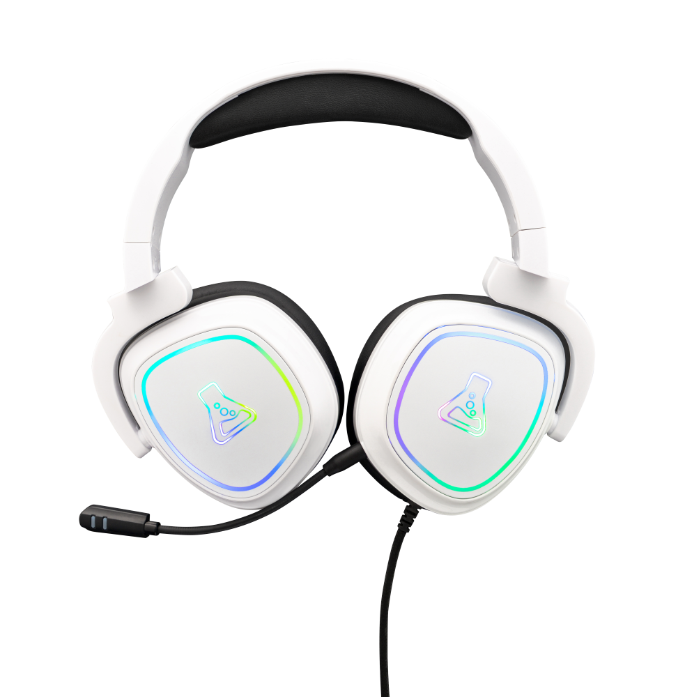 THE G-LAB Korp Radium Casque de jeu circum-aural filaire avec microphone détachable, prise jack 3,5 mm, éclairage RVB, Blanc