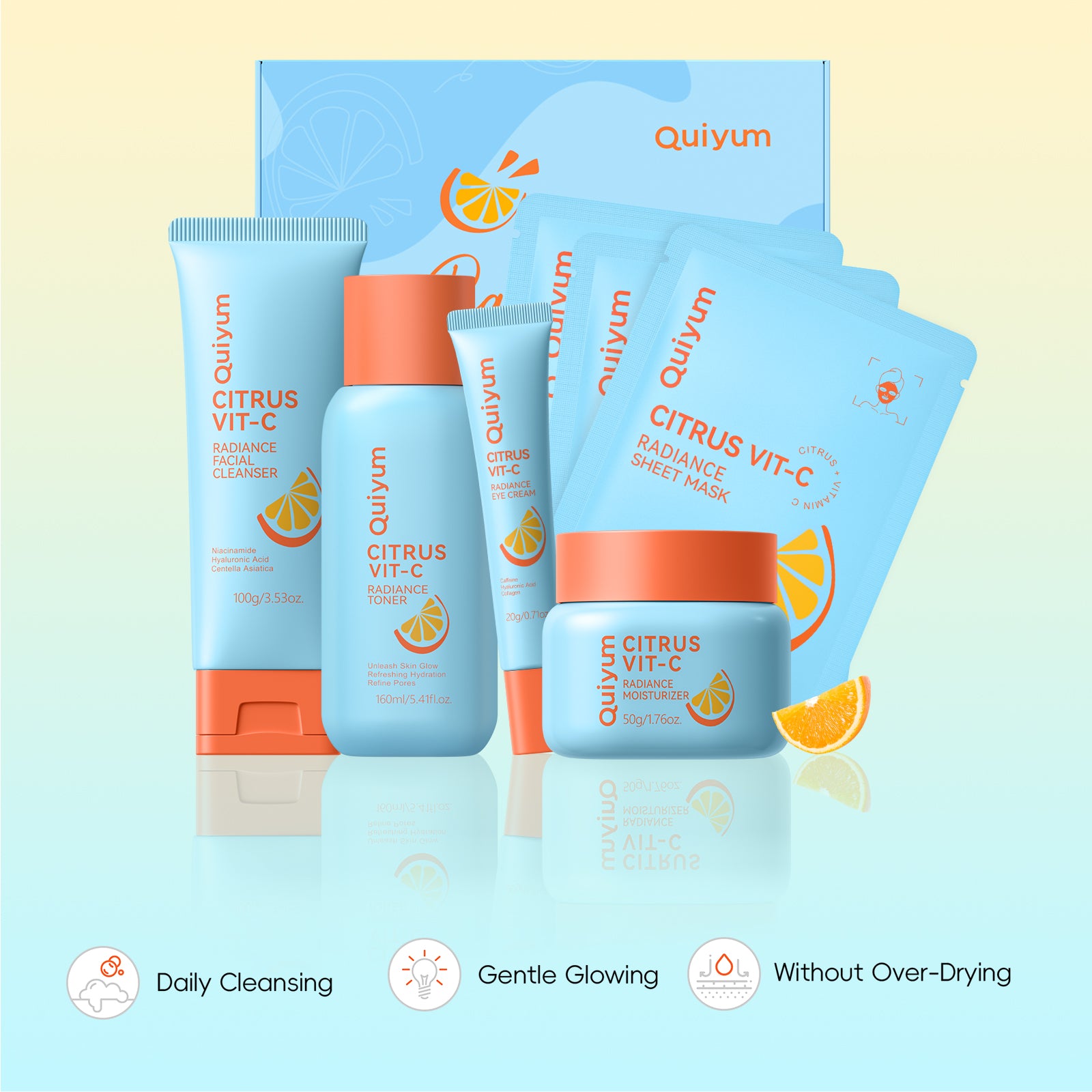 Quiyum Coffret de soins de la peau agrumes vitamine C (11 pièces), nettoyant visage 100 g, lotion tonique 160 ml, crème contour des yeux 20 g, crème visage 50 g, masque visage 25 g × 3, avec brosse nettoyante visage pieuvre, kit facial imperméable 3