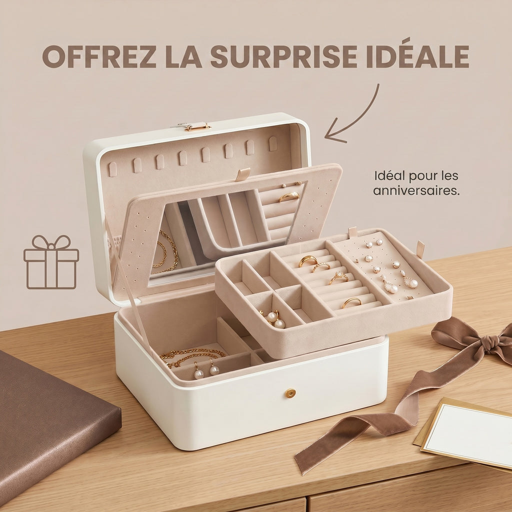 JOYFURNOS Boîte à bijoux à 2 niveaux avec miroir, plateau amovible, organiseur de colliers et boucles d’oreilles - Blanc