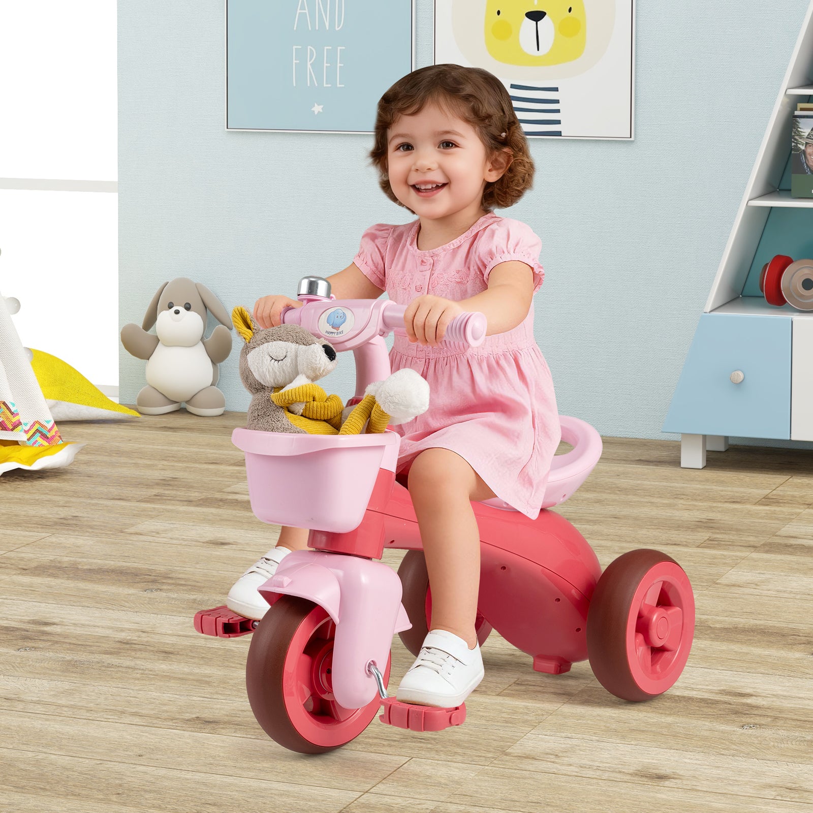 Costway Tricycle pour enfants, Limiteur de direction, Panier avant et sonnette, Rose