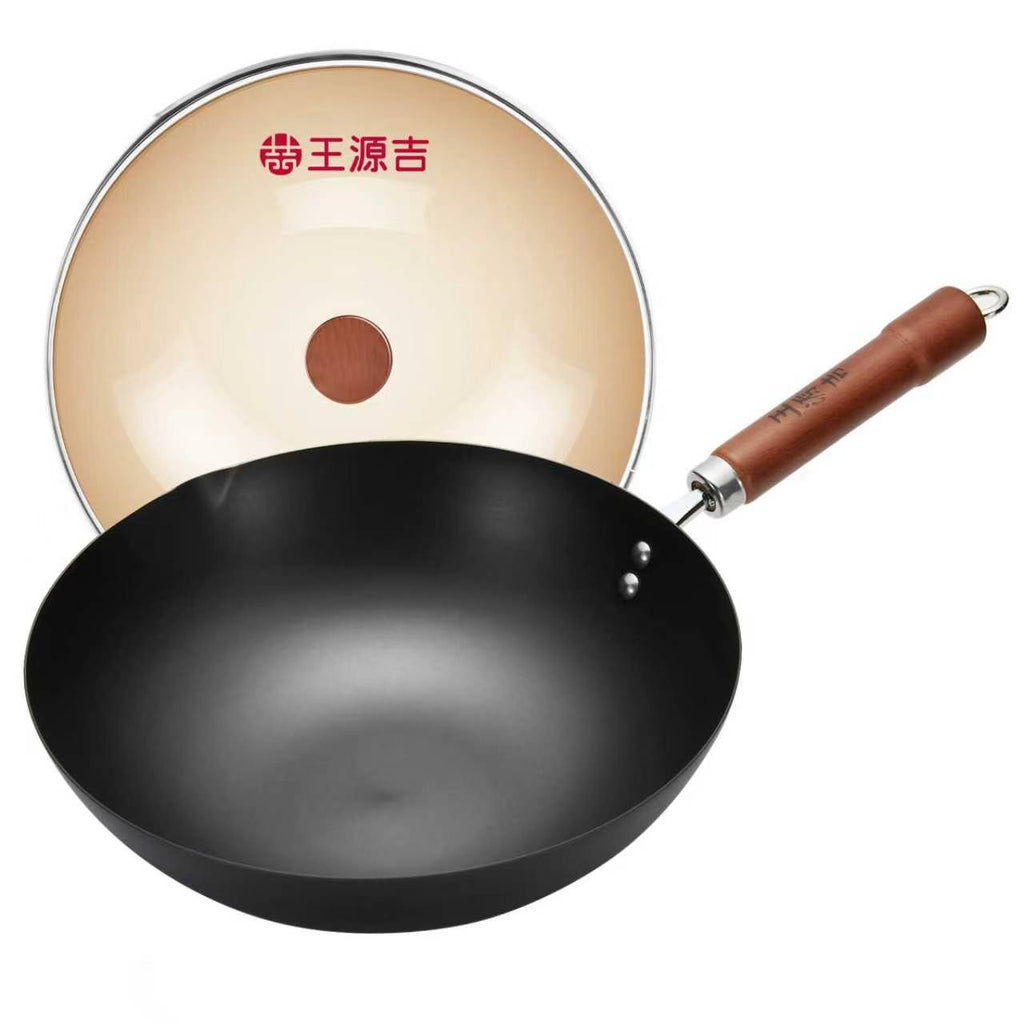 wangyuanji 11,8" Woks et poêles à sauter chinoises en acier au carbone, Poêle à rôtir chinoise à fond plat avec couvercle en verre, Compatible avec toutes les plaques de cuisson