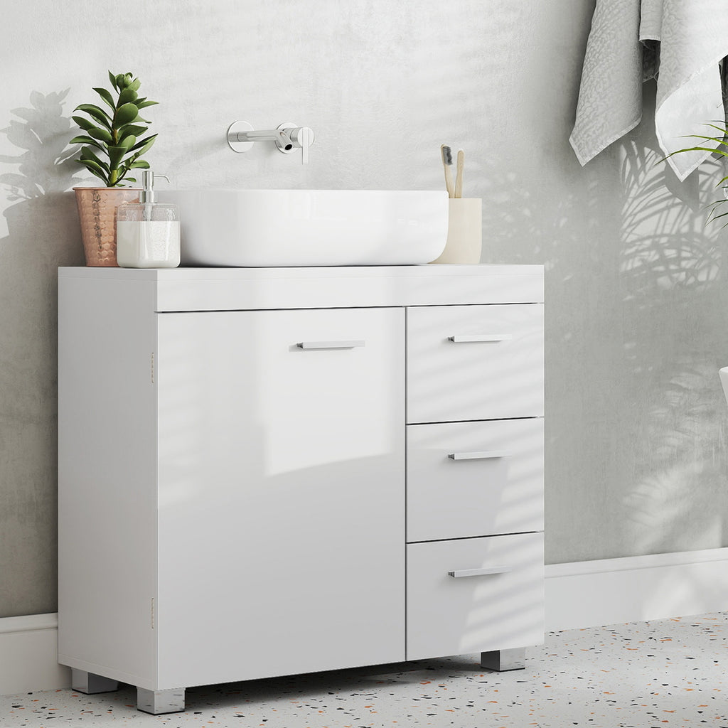 JOYFURNOS Armoire sous lavabo pour salle de bain, Blanc Mat, 30 x 70 x 63,8 cm – meuble de rangement avec pieds, 3 tiroirs et 2 compartiments derrière la porte, pour lavabos avec socle