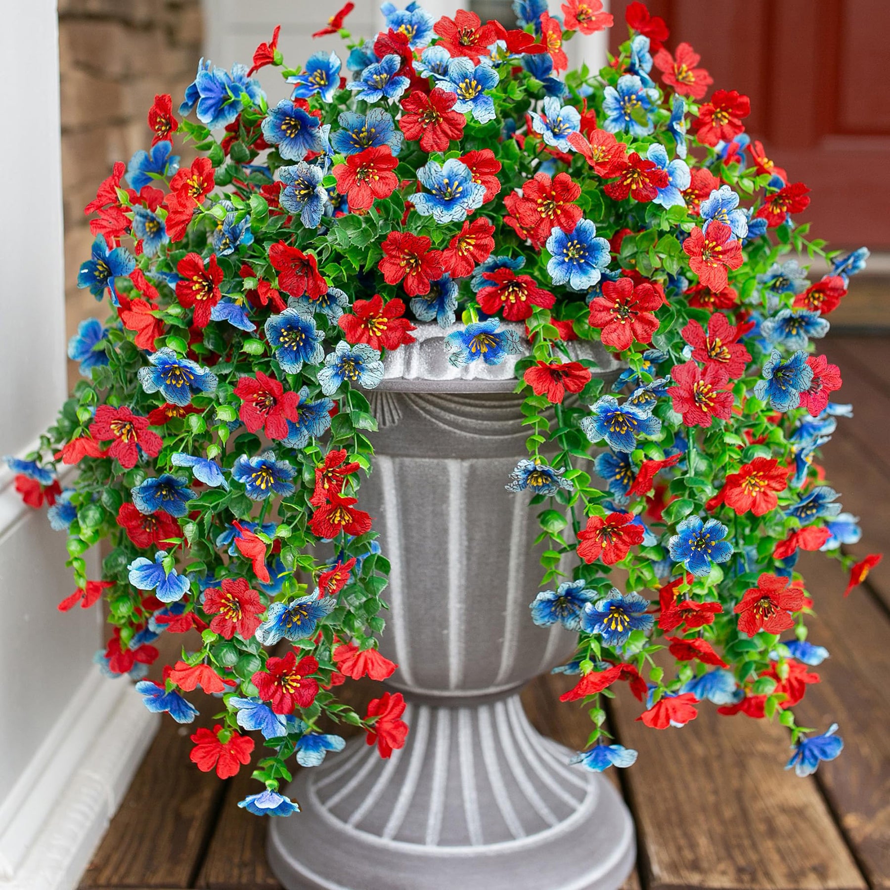 Yuejia 4 pièces 29,5 po/75 cm plantes à fleurs artificielles suspendues pour décoration extérieure, faux chrysanthèmes et violettes avec eucalyptus
