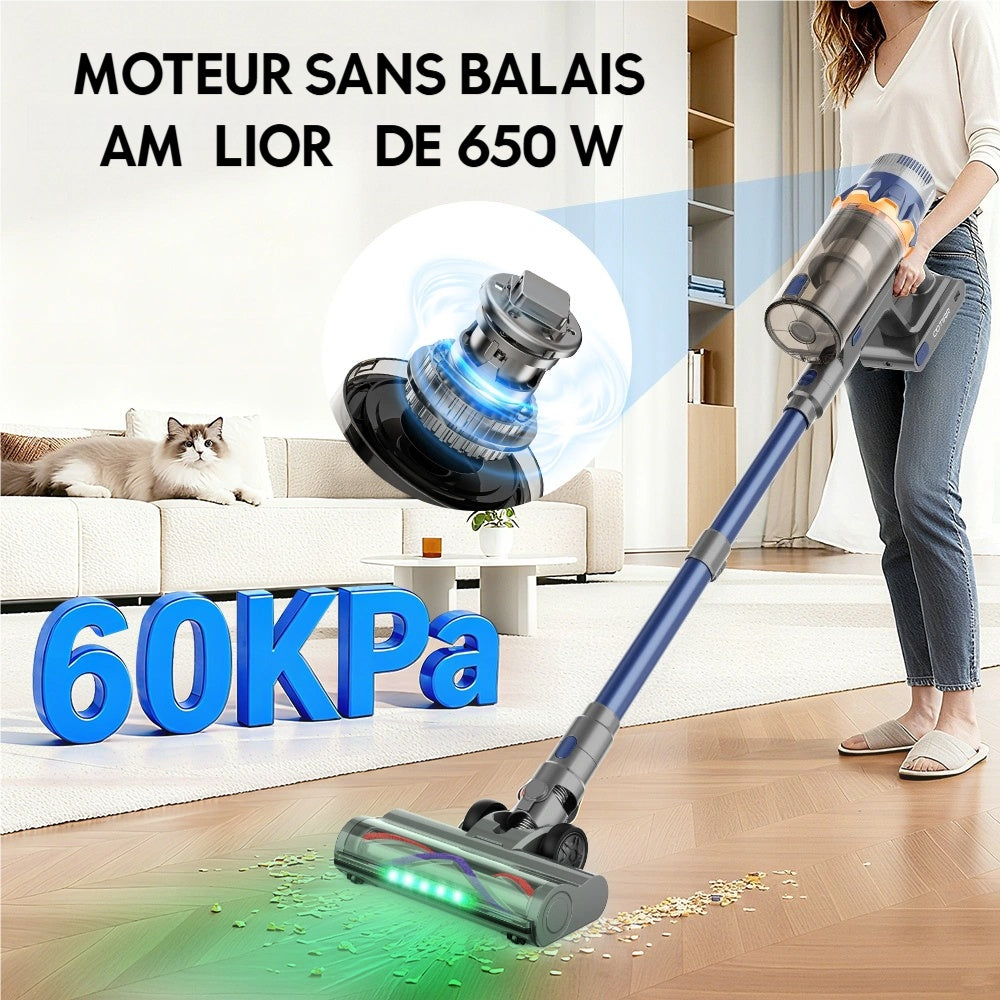 COTIAR S25 aspirateur à main sans fil, 650 W, 60 kPa, forte puissance d’aspiration, autonomie 70 min, batterie amovible, bleu