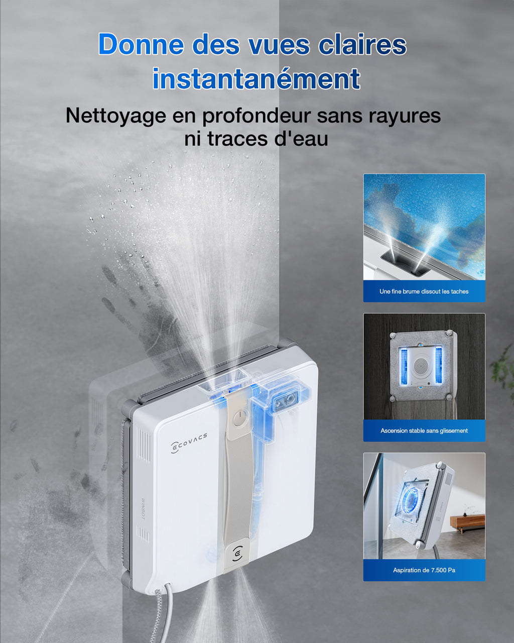 ECOVACS WINBOT MINI Robot Nettoyeur de Vitres - Ultra-Compact, Fin et Puissant, pour Fenêtres Étroites - Gris