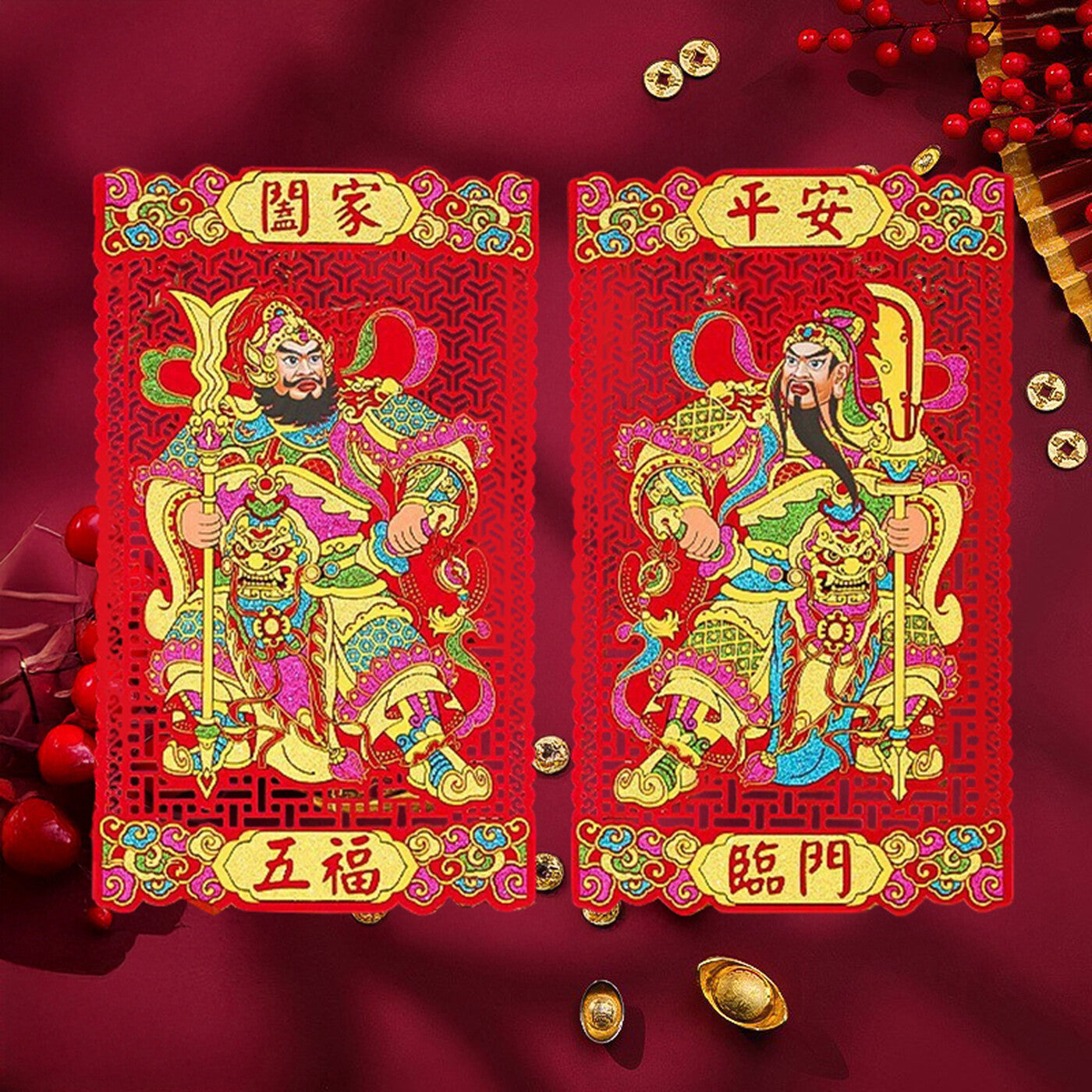 Wei's moment 2 pcs/1 set 17 in stickers dieux de la porte du Nouvel An chinois, décorations auto-adhésives Men Shen pour le festival printanier du Nouvel An lunaire Wu Fu Lin Men