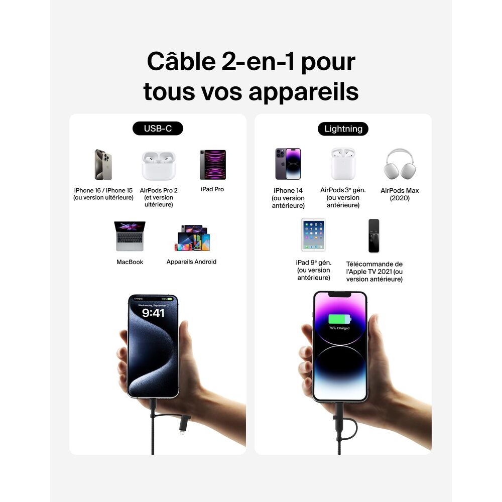 Belkin Câble tressé 2-En-1 USB-C & Lightning PCR 1,5 m - Noir
